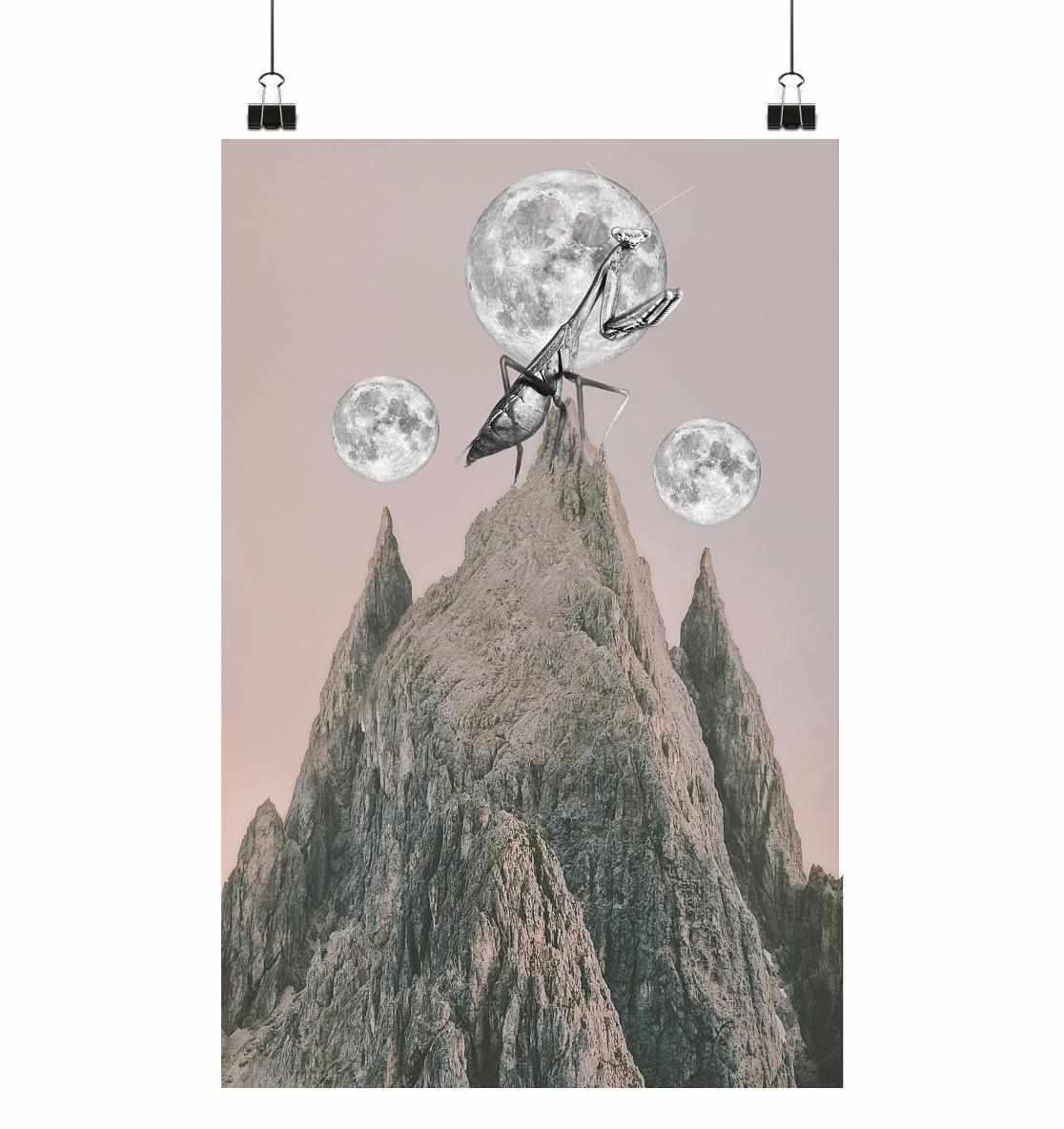 Vegan und Öko Poster Din A3: Gottesanbeterin auf Berggipfel mit Vollmond im Hintergrund, symbolisiert umgekehrte Nahrungskette. Hochwertiger Fine-Art-Print, seidenmattes Finish.
