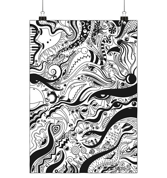Abstraktes schwarz-weißes Poster Verworren im Kontrast mit organischen Formen, Augen, Spiralen und geometrischen Mustern, gedruckt auf seidenmattem Fine-Art-Papier, Größe Din A3.