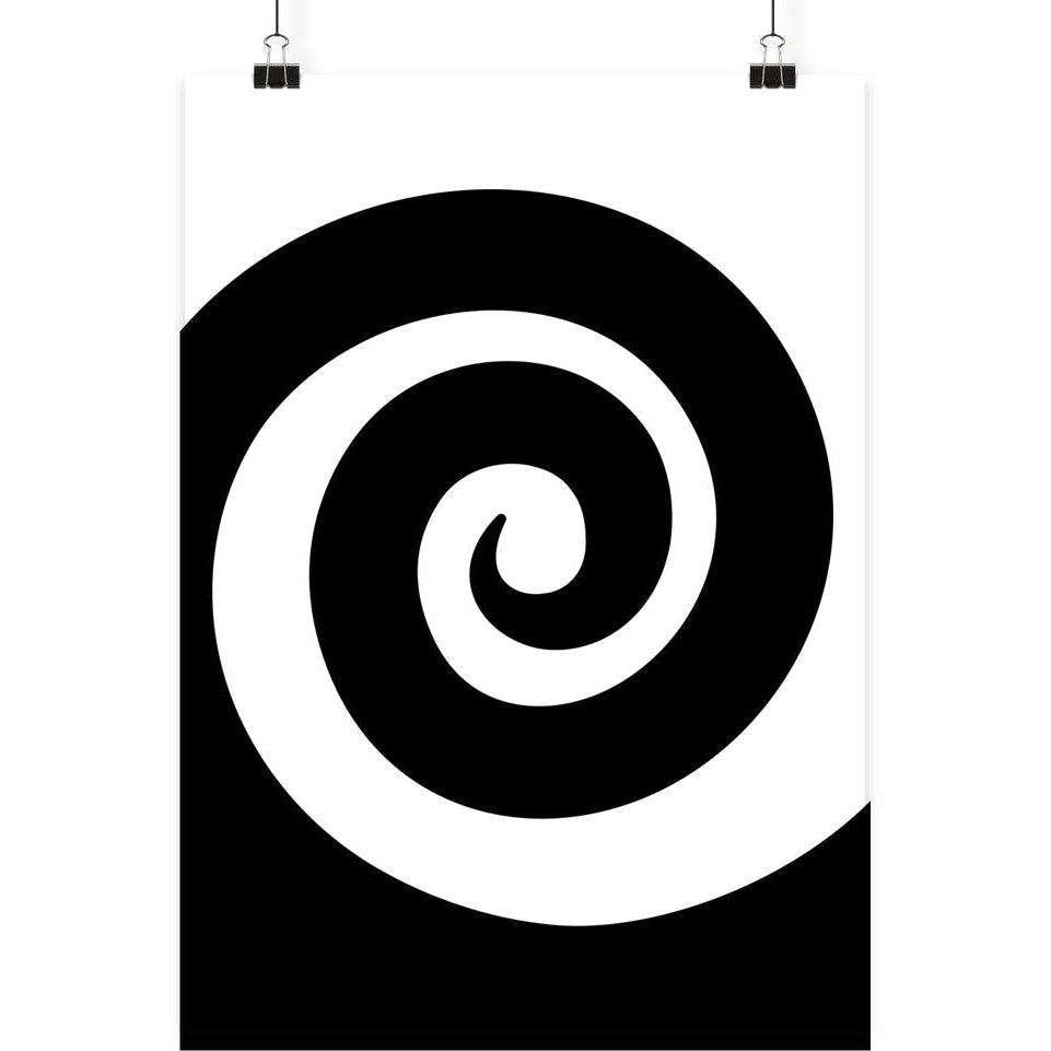 Vegan und Öko Poster Din A3: Spirale Vol. 2 - Schwarz-weißes, minimalistisches Spiraldesign auf seidenmattem, randlosem Fine-Art-Print, aufgehängt mit schwarzen Clips.