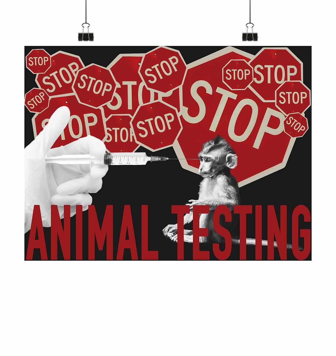 Vegan und Öko Poster Din A3: STOP ANIMAL TESTING! Collage mit Affe und Stoppschildern gegen Tierversuche, ökologisch produziert, 42 x 29,7 cm, seidenmattes Finish.