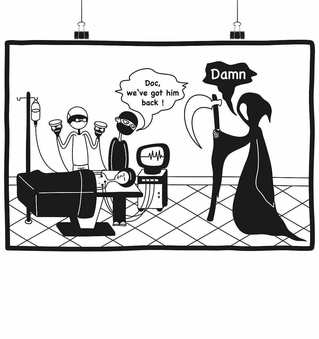 Vegan und Öko Poster Din A3: Comicstripe - The Reaper zeigt einen Sensenmann in Krankenhausumgebung, humorvoll illustriert, perfekt für Liebhaber schwarzen Humors.