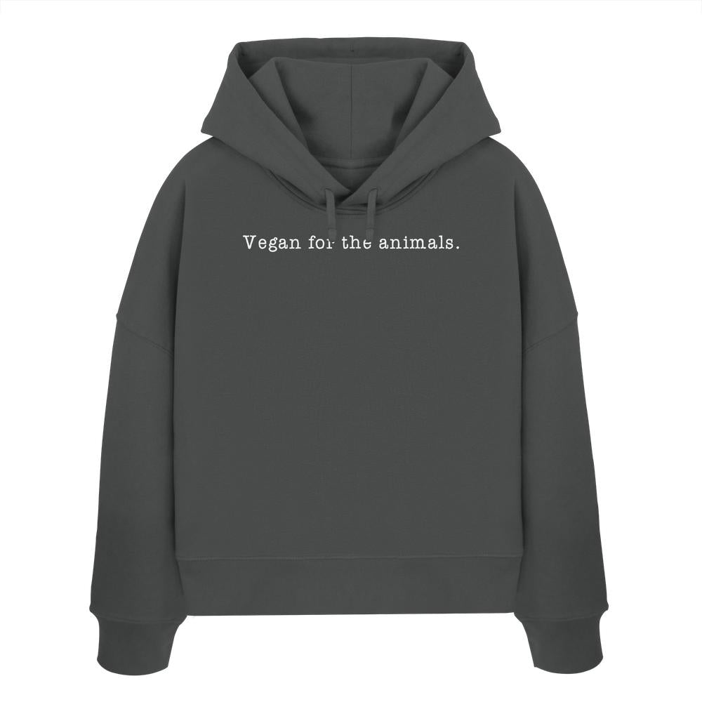 Minimalism Design - Vegan for the animals. - Damen Bio Boxcut Hoodie aus 100% Bio-Baumwolle mit doppellagiger Kapuze und flacher Kordel, betont vegane Botschaft.