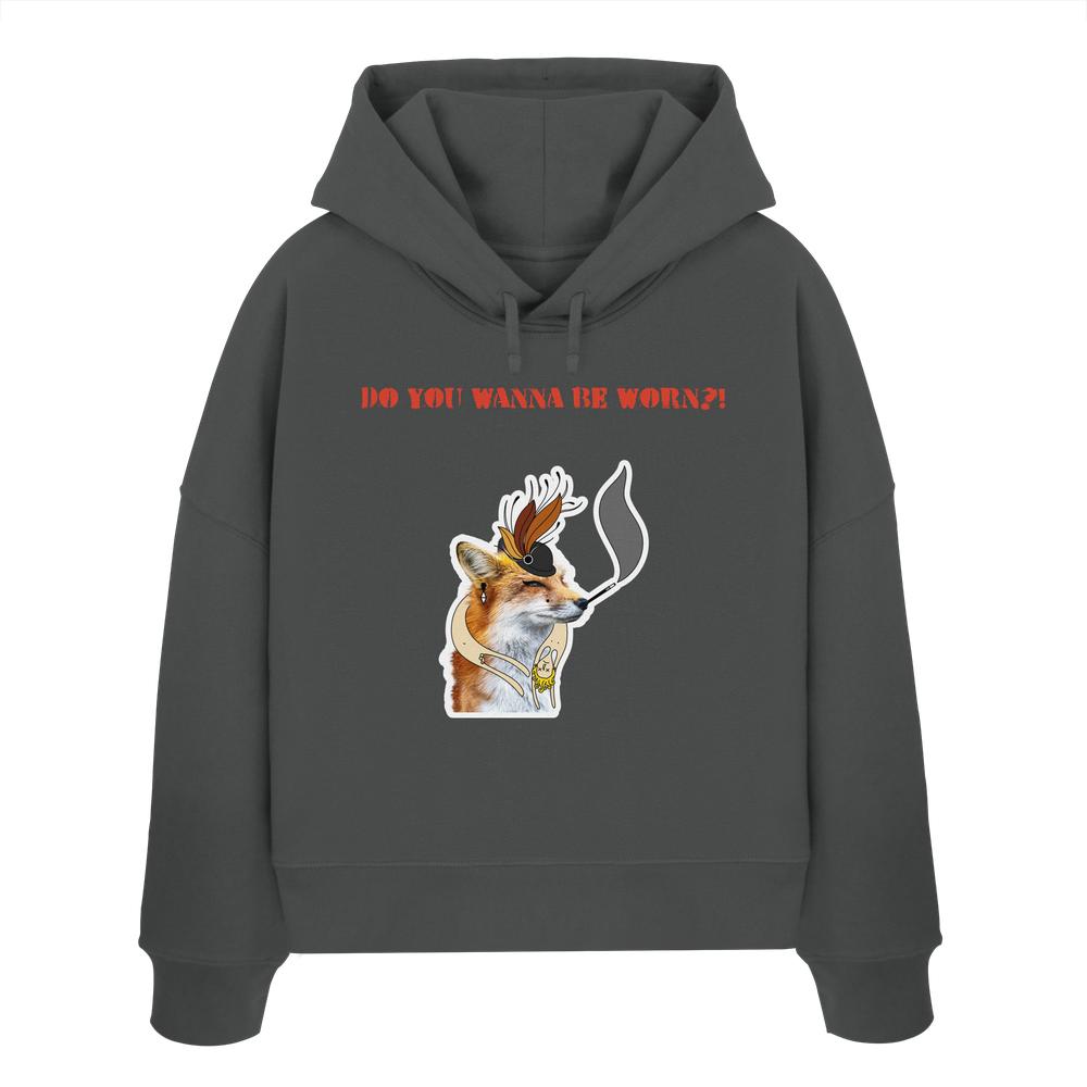 Vegan und Bio Crop Hoodie mit Mrs. Fox-Motiv, das gegen Pelz demonstriert. Enthält einen Fuchs mit Hut und Zigarette, Symbol der Animal Liberation Society.