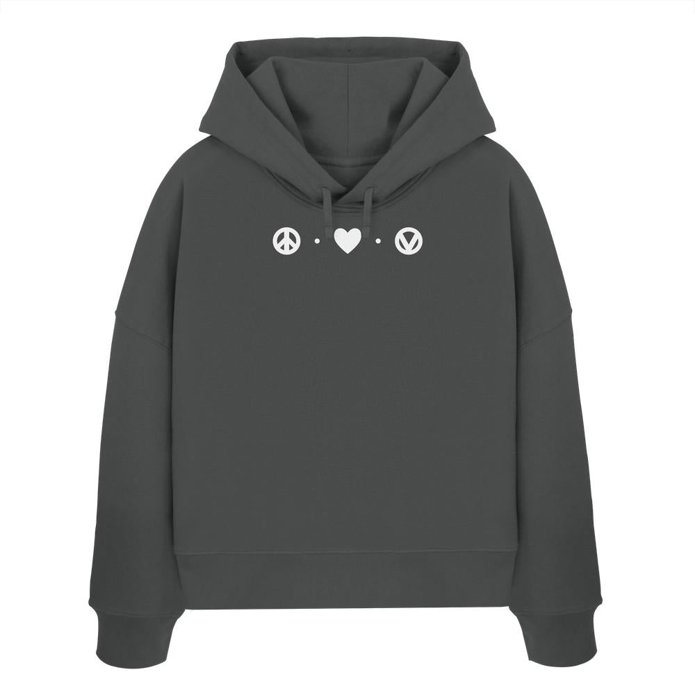 Vegan und Bio Crop Hoodie: Peace - Love - Veganism, grauer Hoodie mit weißen Peace-Symbolen, aus 100% Bio-Baumwolle, doppellagige Kapuze, Regular Fit.