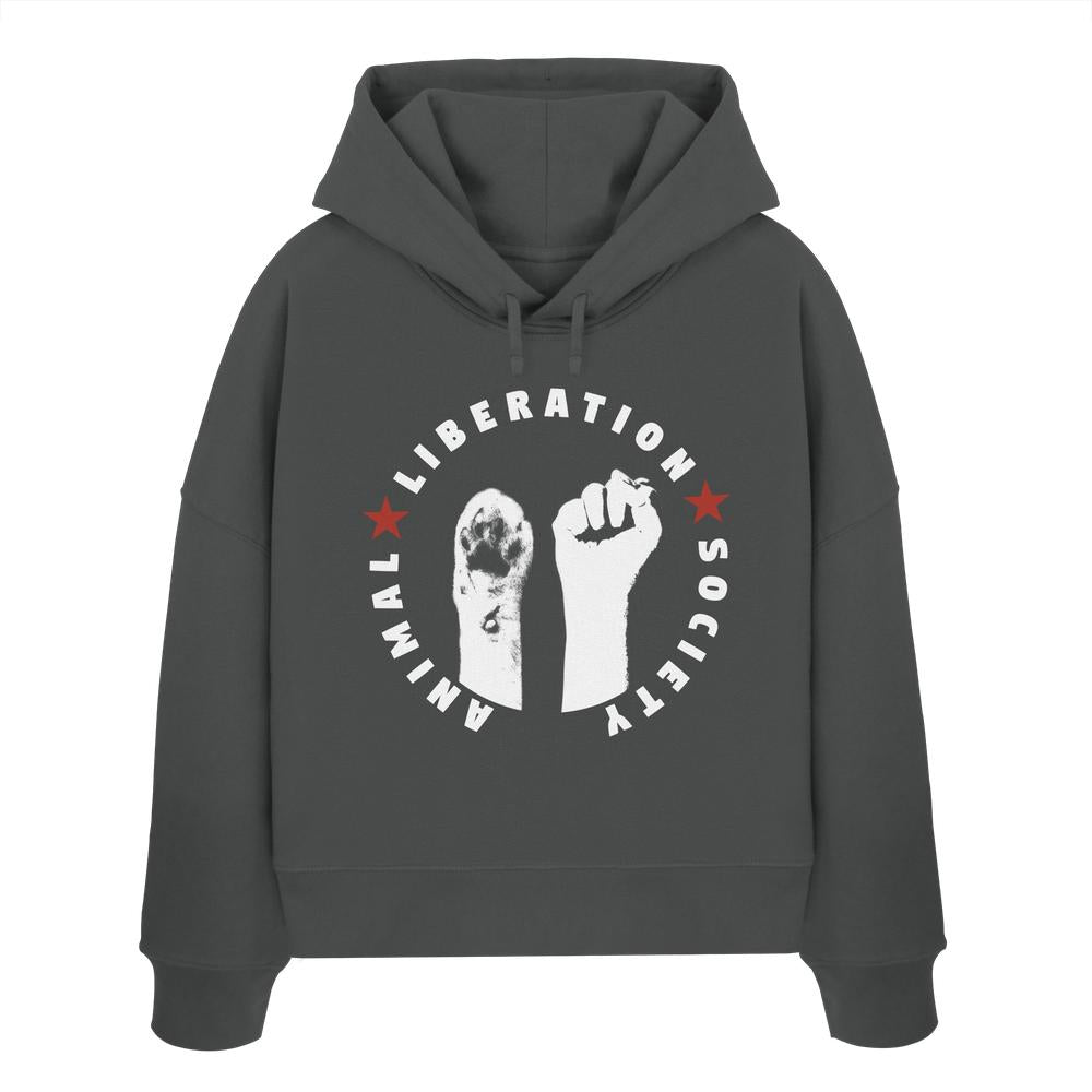 Vegan und Bio Crop Hoodie mit weißem Text und Faustmotiv, symbolisiert den Kampf für Tierrechte. Hergestellt aus 100% Bio-Baumwolle.