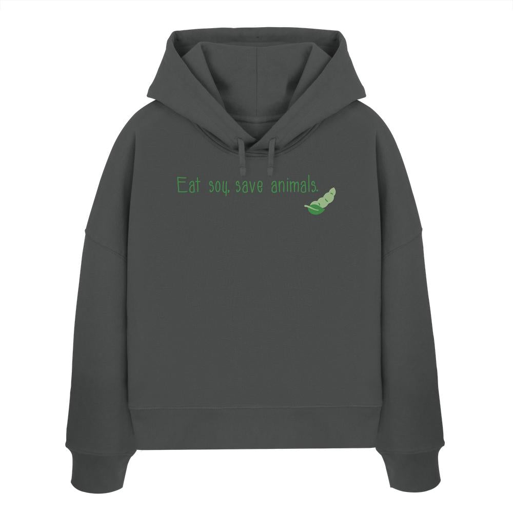 Vegan und Bio Crop Hoodie: Veganism - Eat soy, save animals. Grauer Hoodie mit grüner Aufschrift und Erbsenlogo, aus 100% Bio-Baumwolle, rebellisches Design von RUDE REBEL.