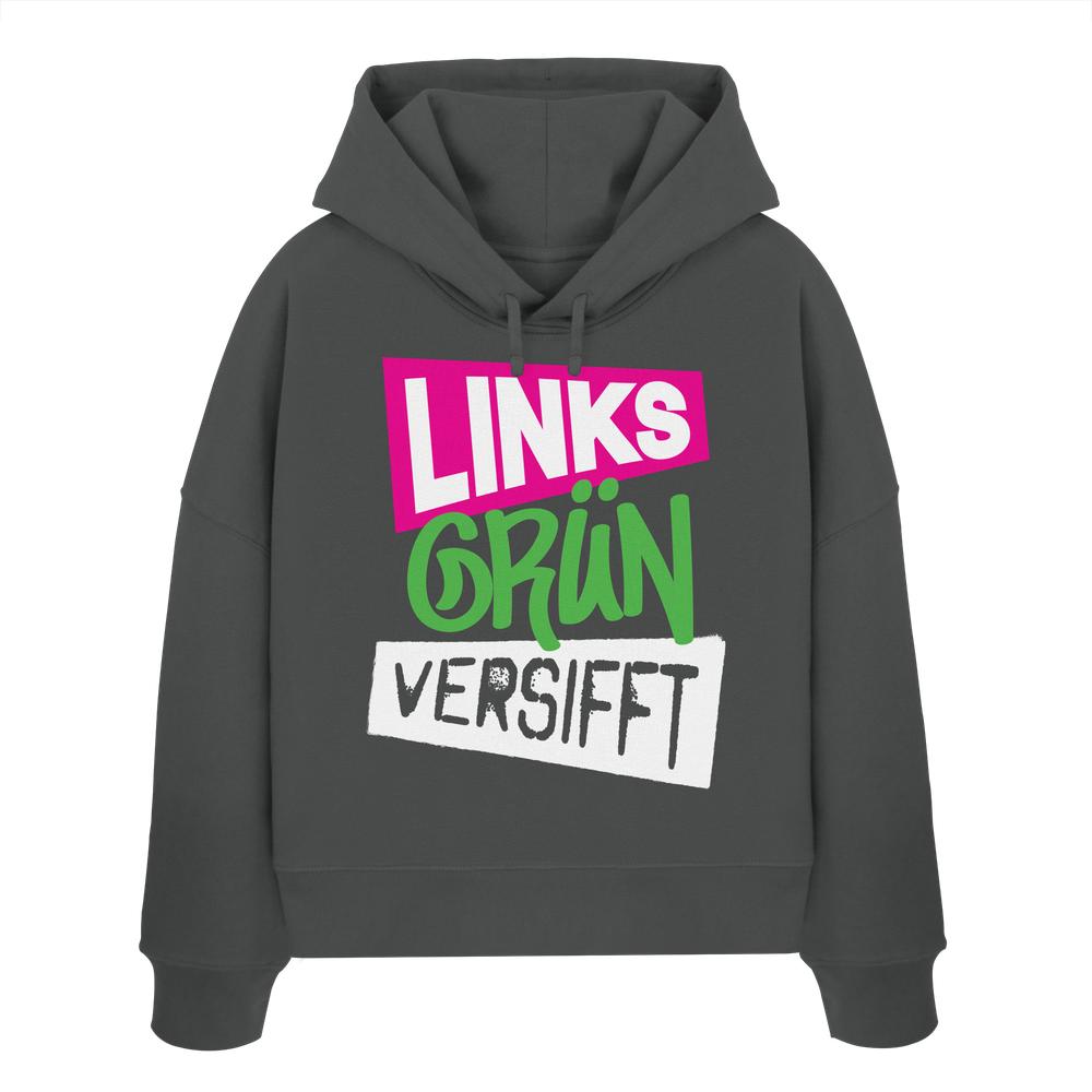 Graues Bio-Crop-Hoodie mit weißem und rosa Aufdruck Wir sind Links Grün versifft!. Hergestellt aus 100% Bio-Baumwolle, doppellagige Kapuze, rebellisches Design.