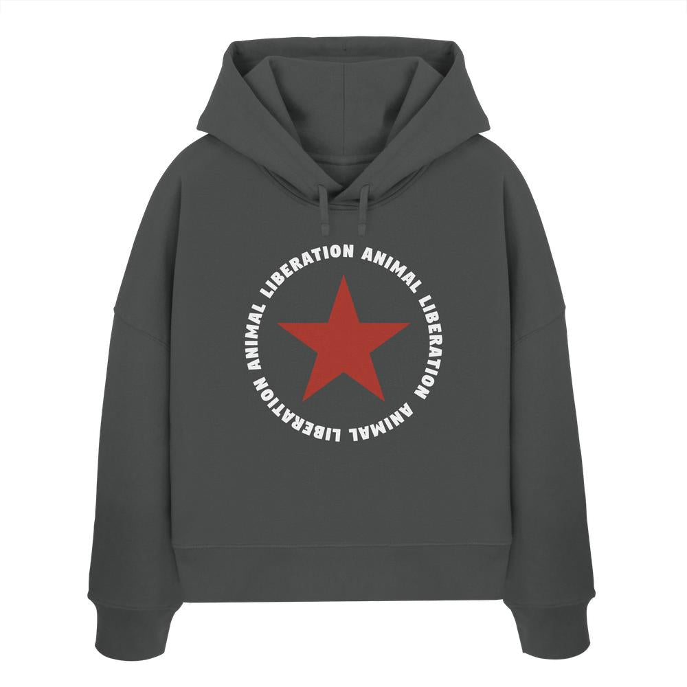 Vegan und Bio Crop Hoodie mit rotem Stern und Animal Liberation Design, aus Bio-Baumwolle mit doppellagiger Kapuze und flacher Kordel.