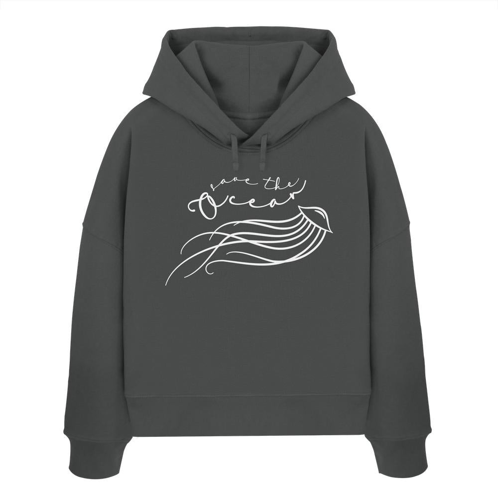 Vegan und Bio Crop Hoodie: Jellyfish - Save the Ocean mit minimalistischem Quallen-Design und Save the Ocean-Aufdruck, doppellagige Kapuze, flache Kordel.