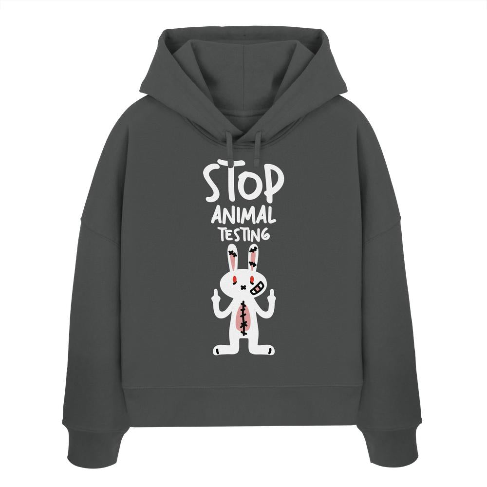 Dunkelgrauer Crop-Hoodie mit Kapuze und Kordelzug, Hasenmotiv „STOP ANIMAL TESTING“.