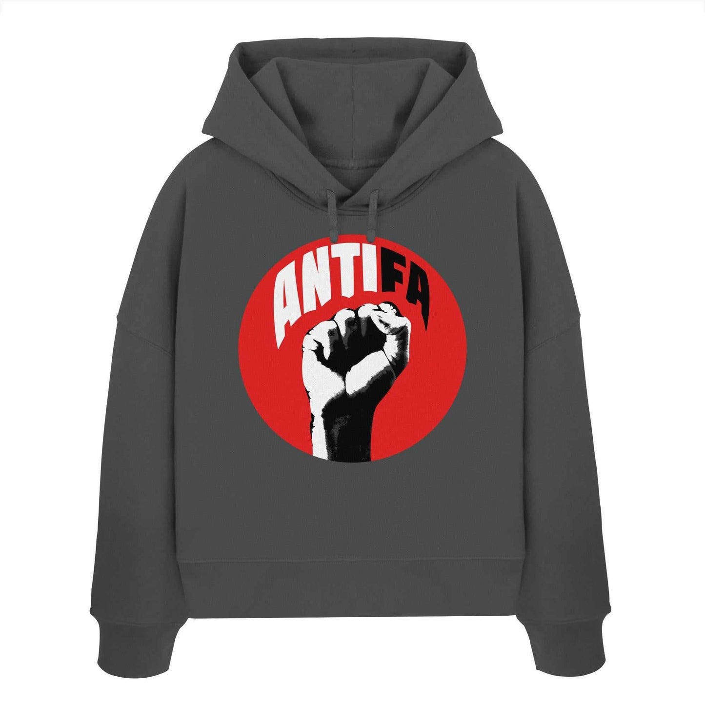 Graues Sweatshirt mit rotem Kreis und erhobener Faust, kämpferisches Design für Vegan und Bio Crop Hoodie: Antifa - Kampf gegen Rechts, aus 100% Bio-Baumwolle.