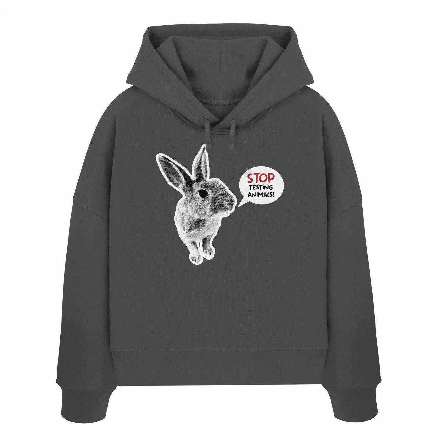 Vegan und Bio Crop Hoodie mit niedlichem Kaninchenmotiv und der Aufschrift STOP ANIMAL TESTING, aus 100% Bio-Baumwolle, betont Tierschutz.