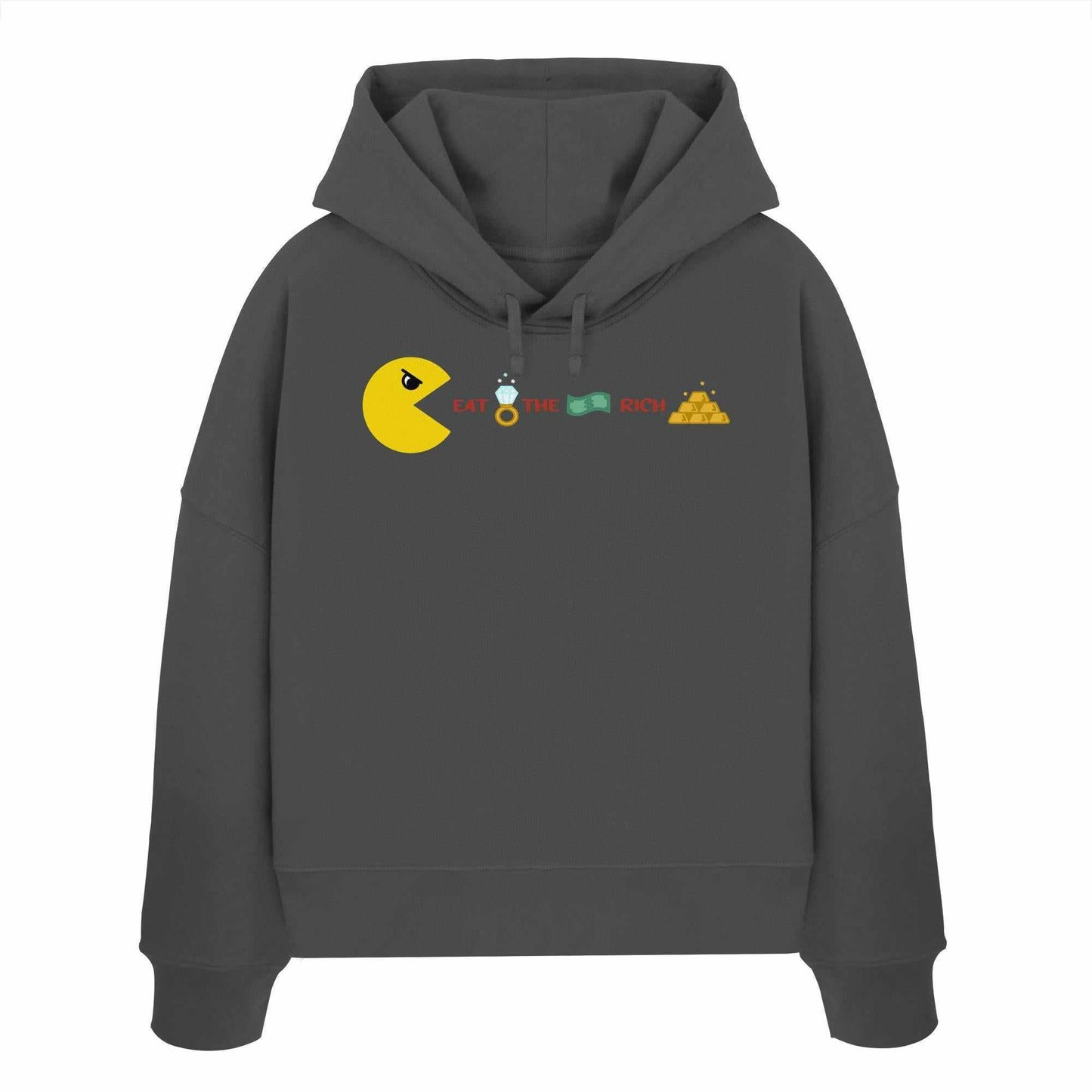 Vegan und Bio Crop Hoodie PAC-MAN - Eat the rich, grauer Sweatshirt mit Cartoon-Design und Pac-Man-Motiv, aus 100% Bio-Baumwolle, rebellisches Design von RUDE REBEL.