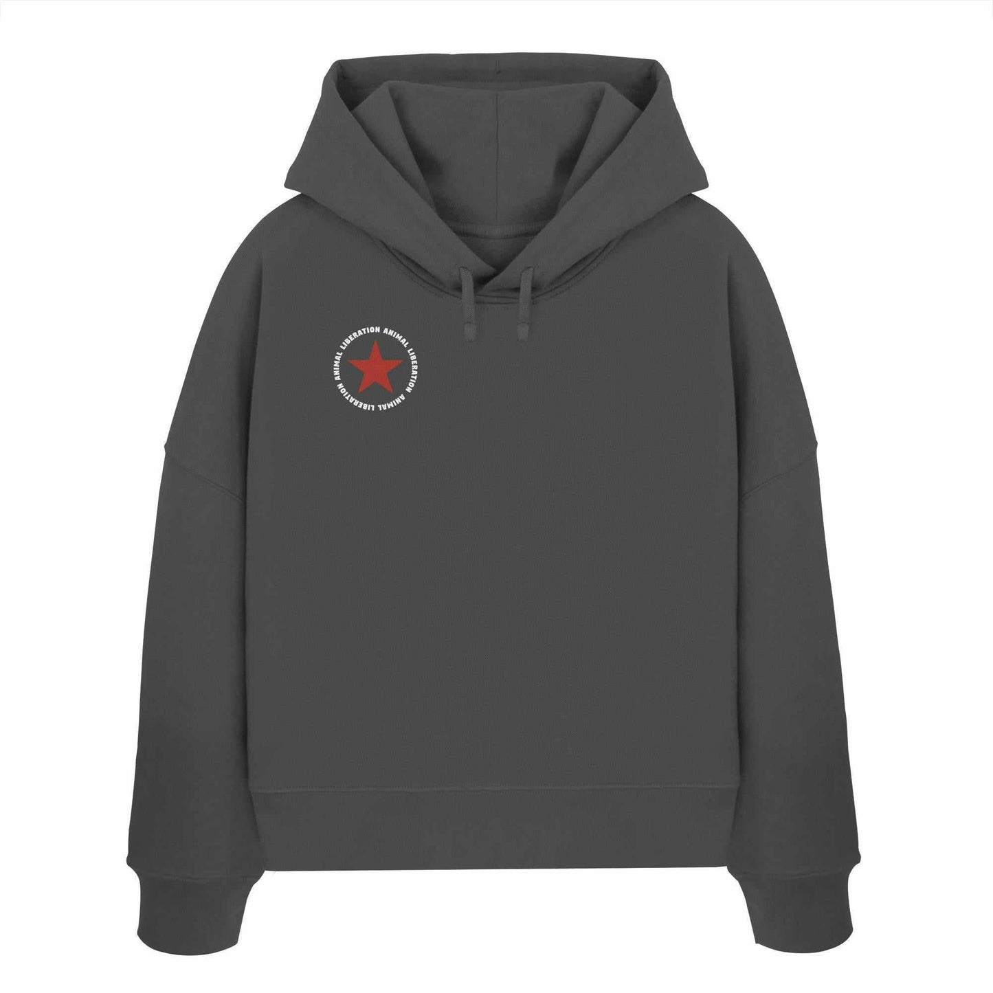 Vegan und Bio Crop Hoodie: Red Star - Animal Liberation, grauer Hoodie mit rotem Stern, Bio-Baumwolle, abfallende Schultern, doppellagige Kapuze, rebellisches Design von RUDE REBEL.
