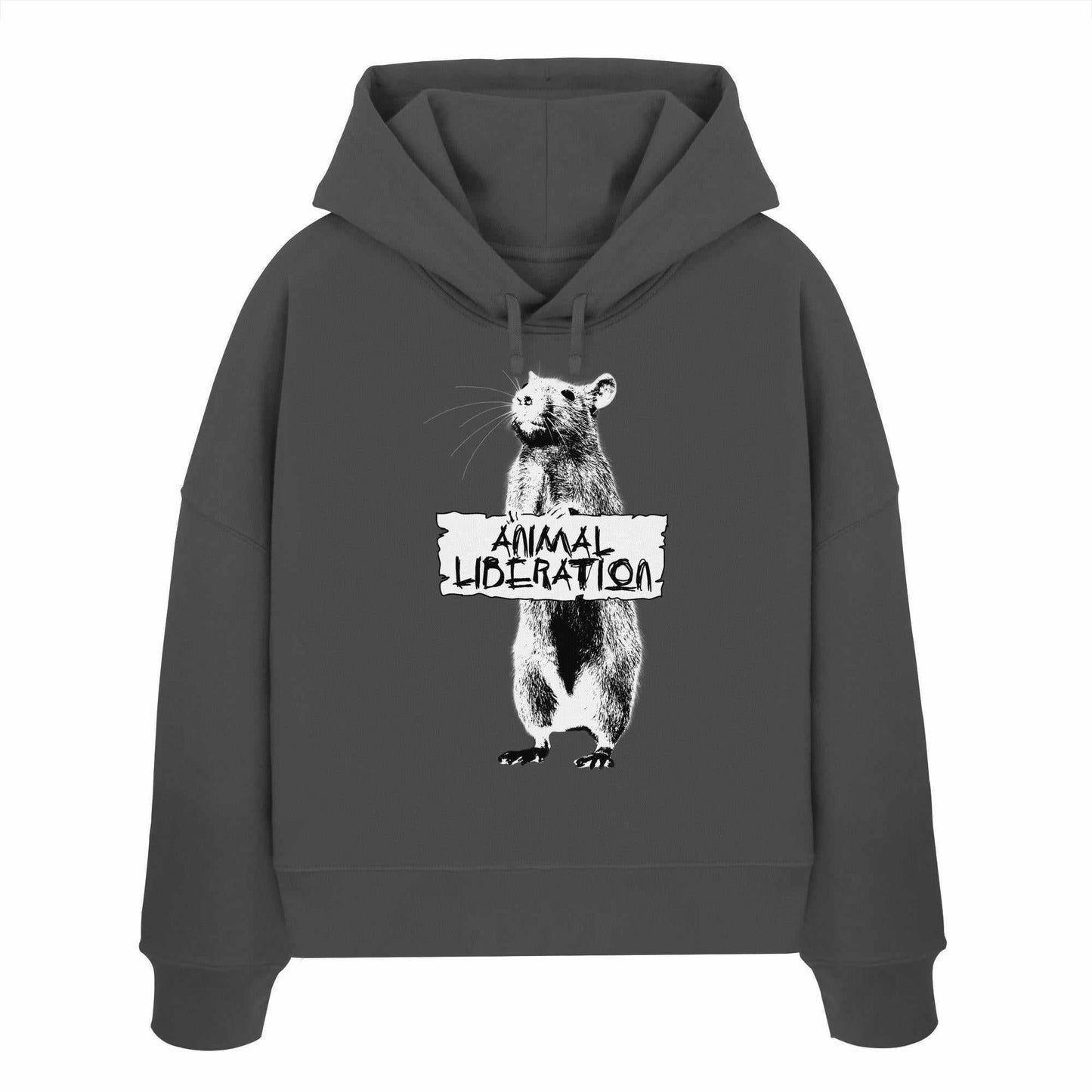 Vegan und Bio Crop Hoodie: Rat for Animal Liberation, graues Sweatshirt mit digitaler Collage eines Tieres im Street Art-Stil, aus 100% Bio-Baumwolle.