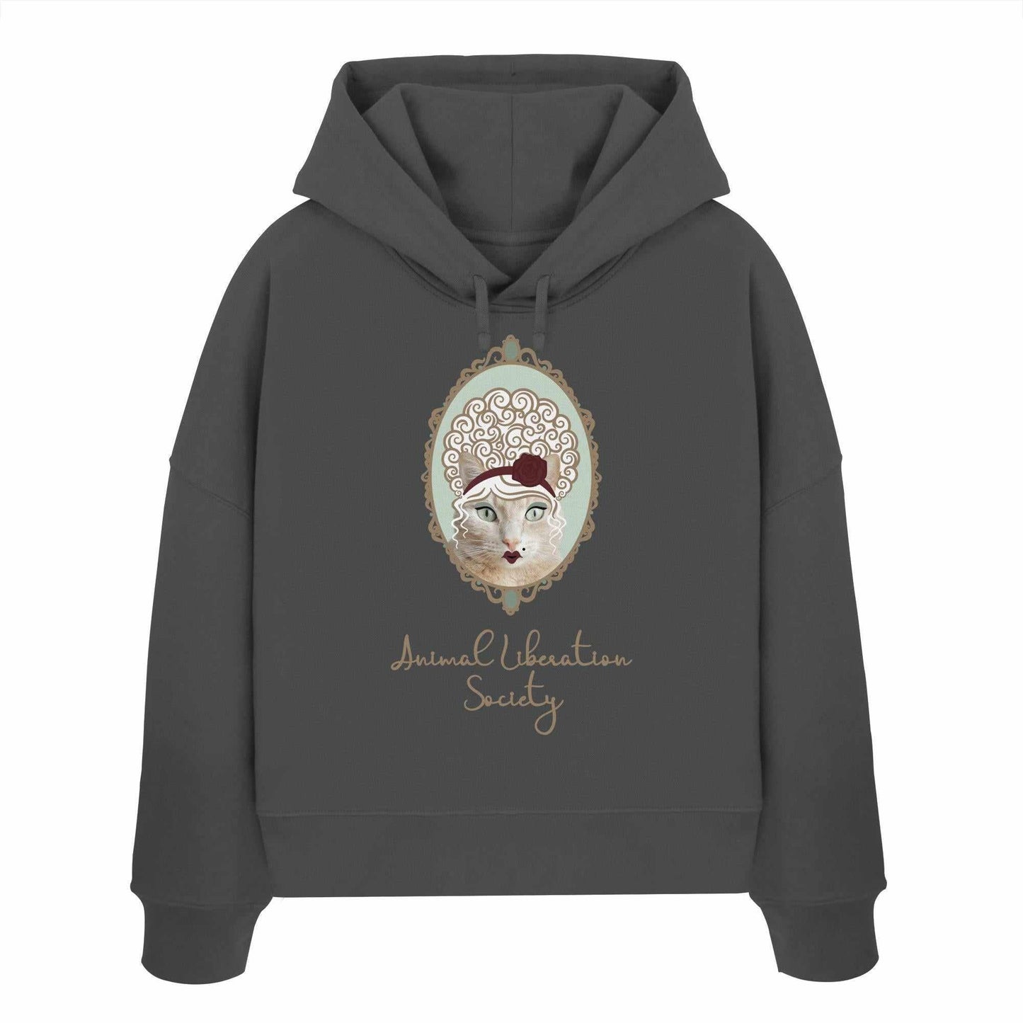 Vegan und Bio Crop Hoodie: Miss Cat - Animal Liberation Society, grauer Hoodie mit Katzenmotiv, aus 100% Bio-Baumwolle, rebellisches Design für Tierrechte.