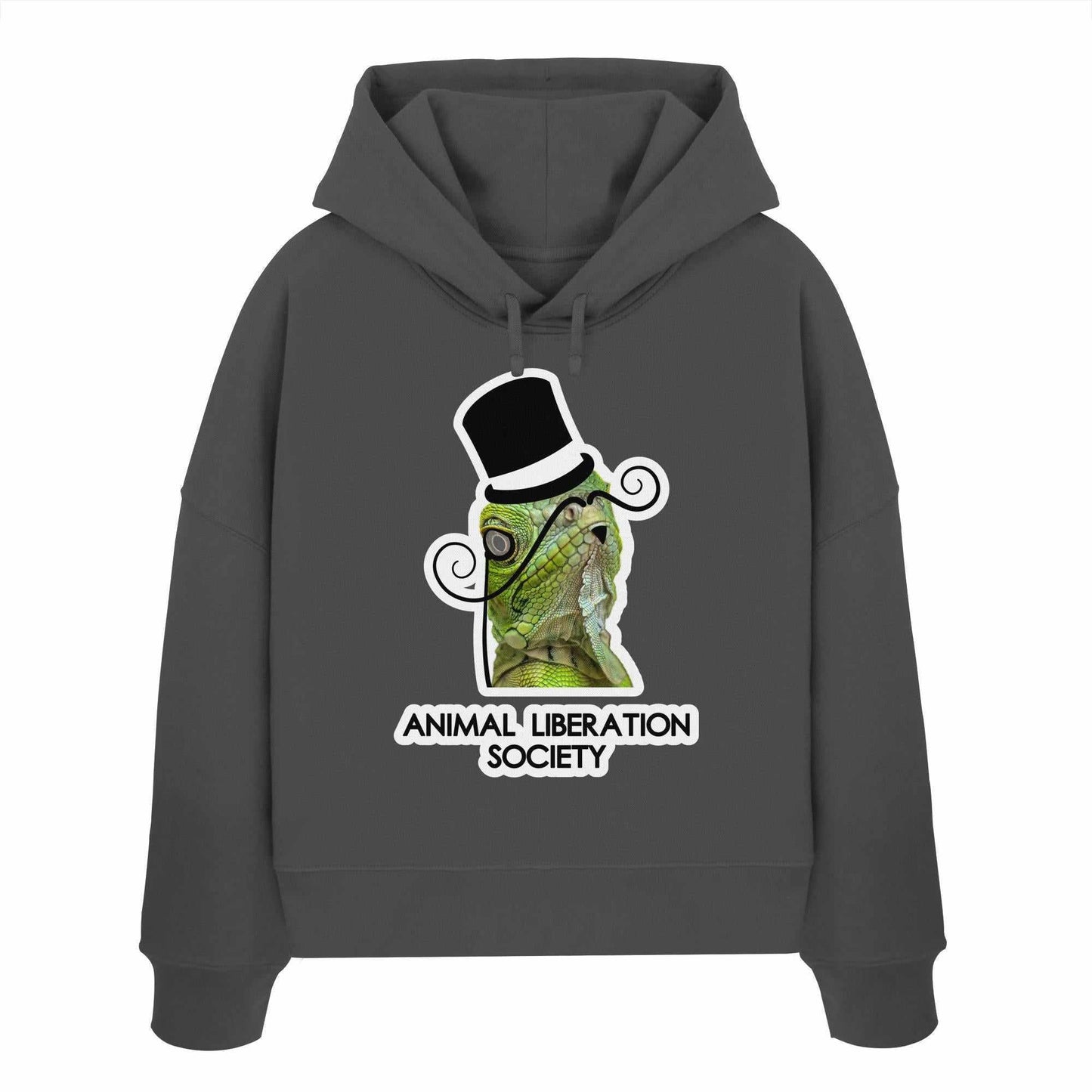 Vegan und Bio Crop Hoodie: Sir Reptile - Animal Liberation Society mit grünem Hut und Schnurrbart, aus 100% Bio-Baumwolle, rebellisches Tierrechts-Design von RUDE REBEL.