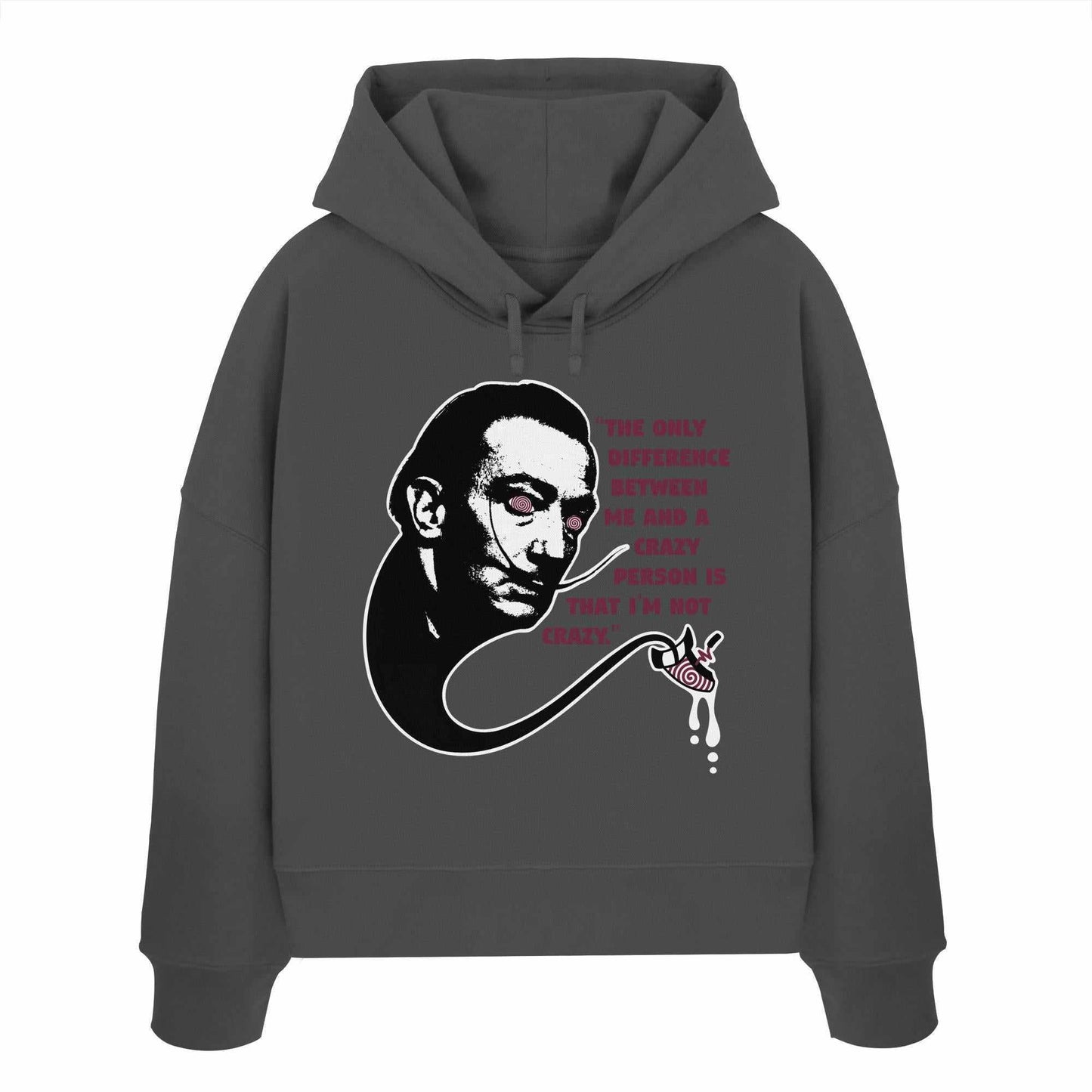 Vegan und Bio Crop Hoodie: Crazy Dali mit surrealistischem Print eines Mannes mit Schnurrbart und Spiralaugen, aus 100% Bio-Baumwolle, Regular Fit.