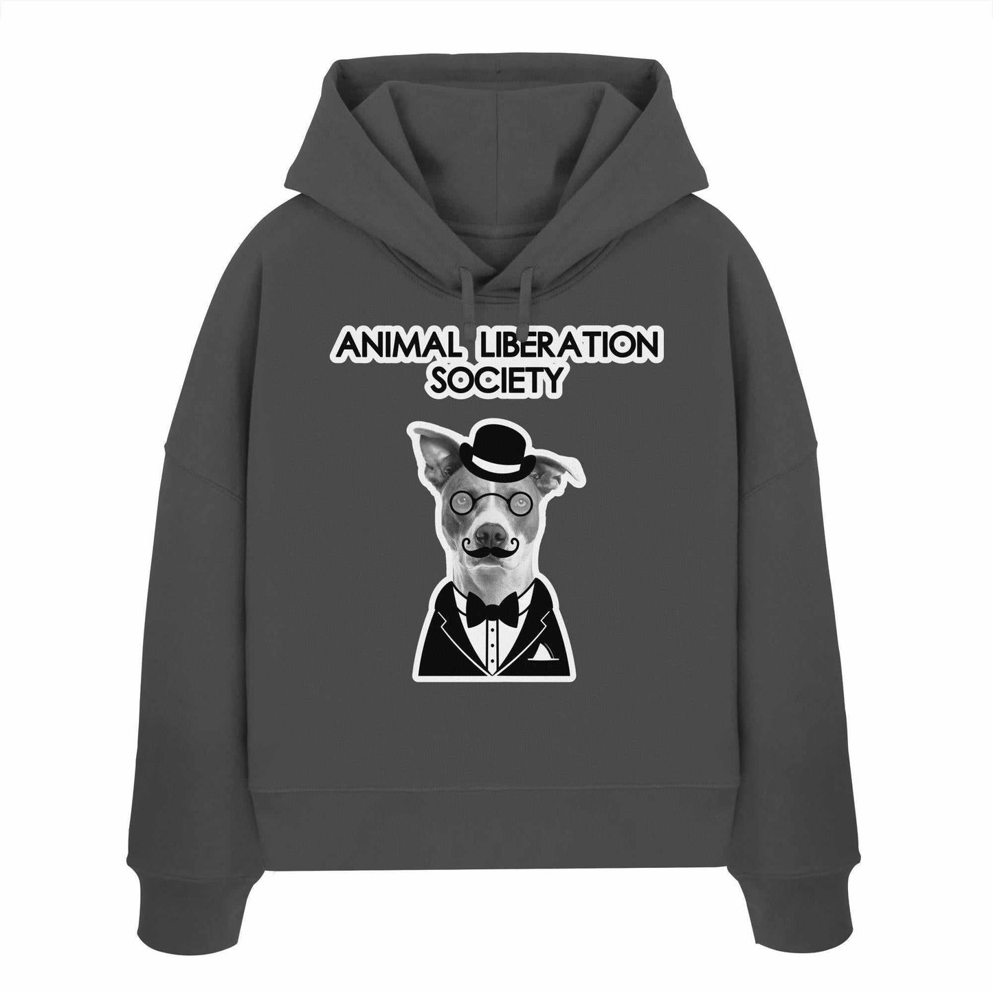 Vegan und Bio Crop Hoodie: Mr. Dog - Animal Liberation Society, graues Sweatshirt mit Hundemotiv, doppellagige Kapuze, Bio-Baumwolle, rebellisches Design von RUDE REBEL.