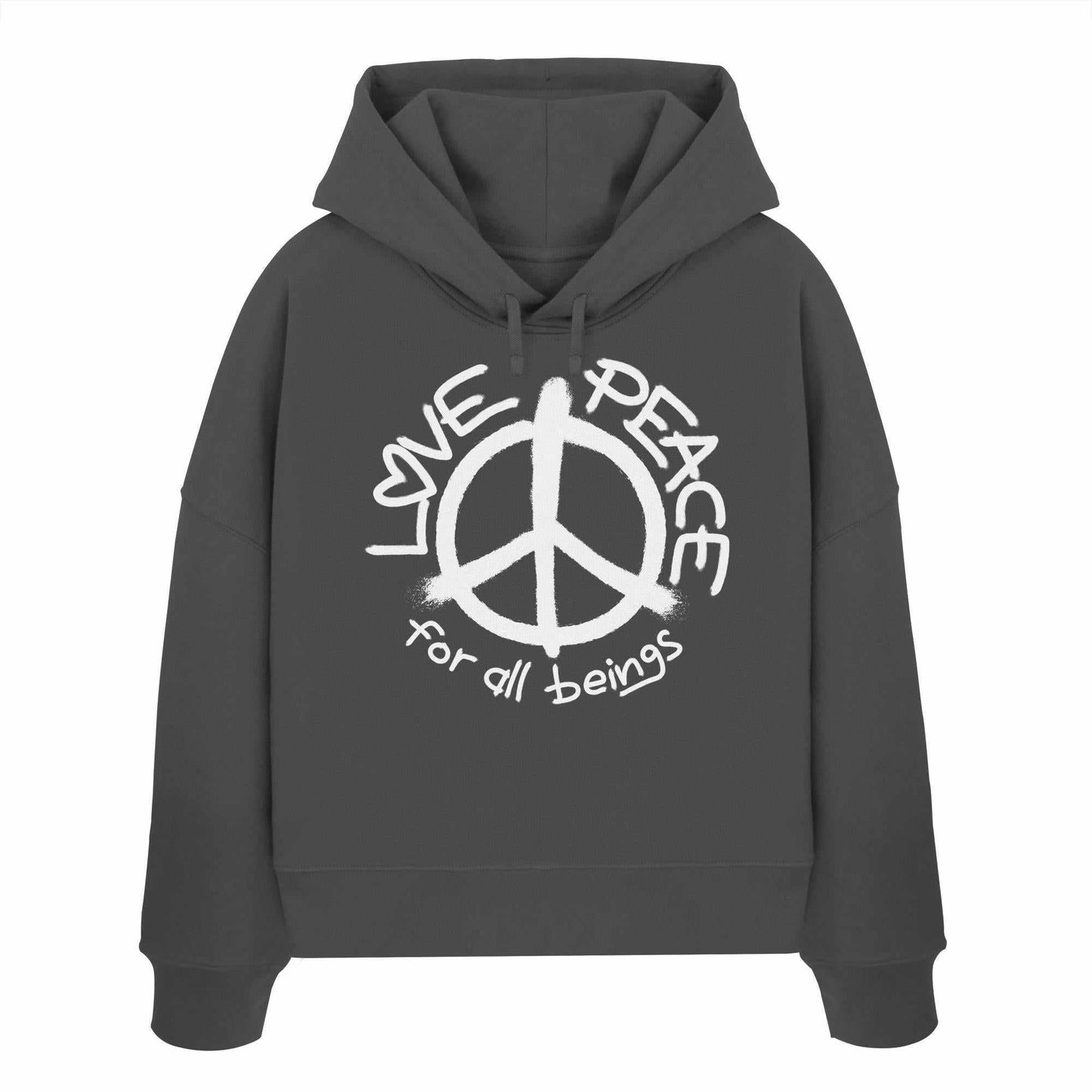Vegan und Bio Crop Hoodie: LOVE and PEACE für alle Wesen, grauer Hoodie mit Frieden-Symbol, aus 100% Bio-Baumwolle, regular Fit, ideal für nachhaltige Mode.