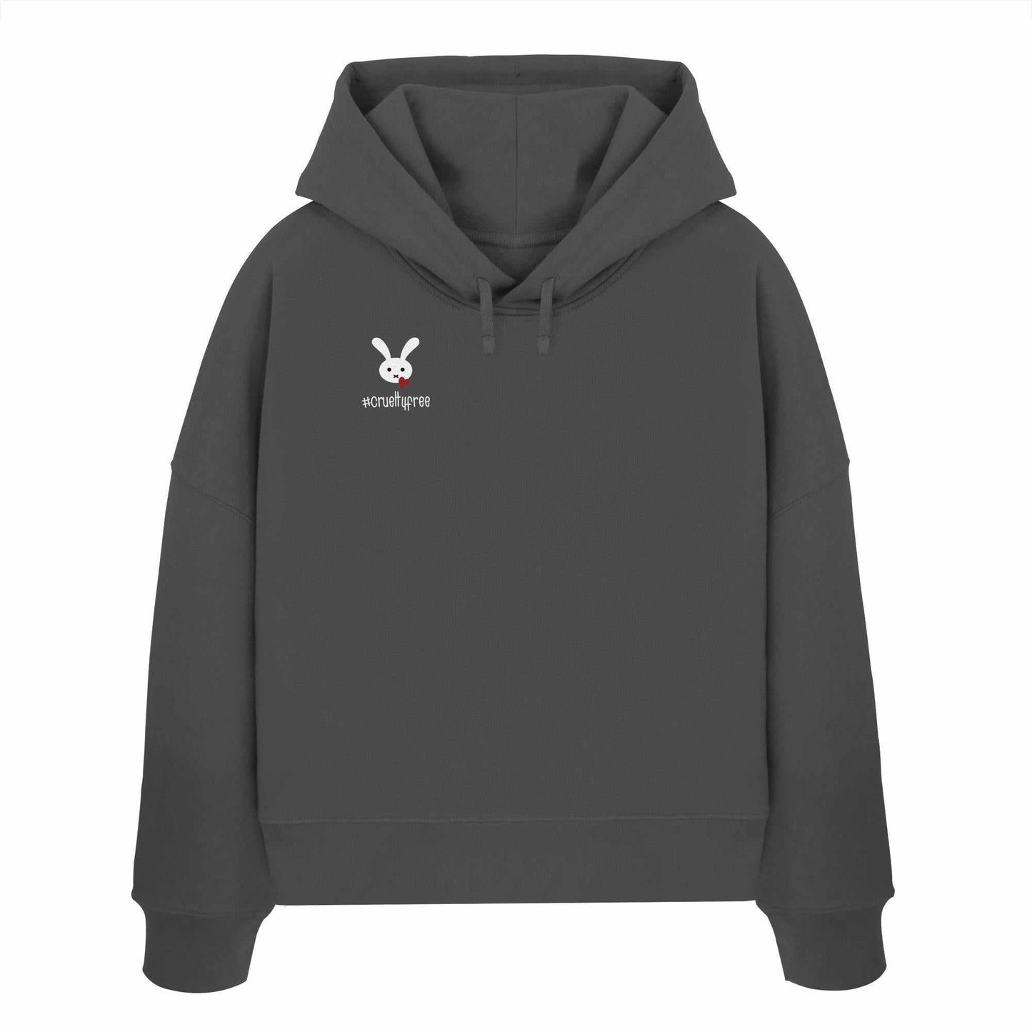 Vegan und Bio Crop Hoodie: Crueltyfree Bunny mit weißem Kaninchen-Logo und rotem Herz auf grauem Hintergrund, aus 100% Bio-Baumwolle, reguläre Passform, doppellagige Kapuze.