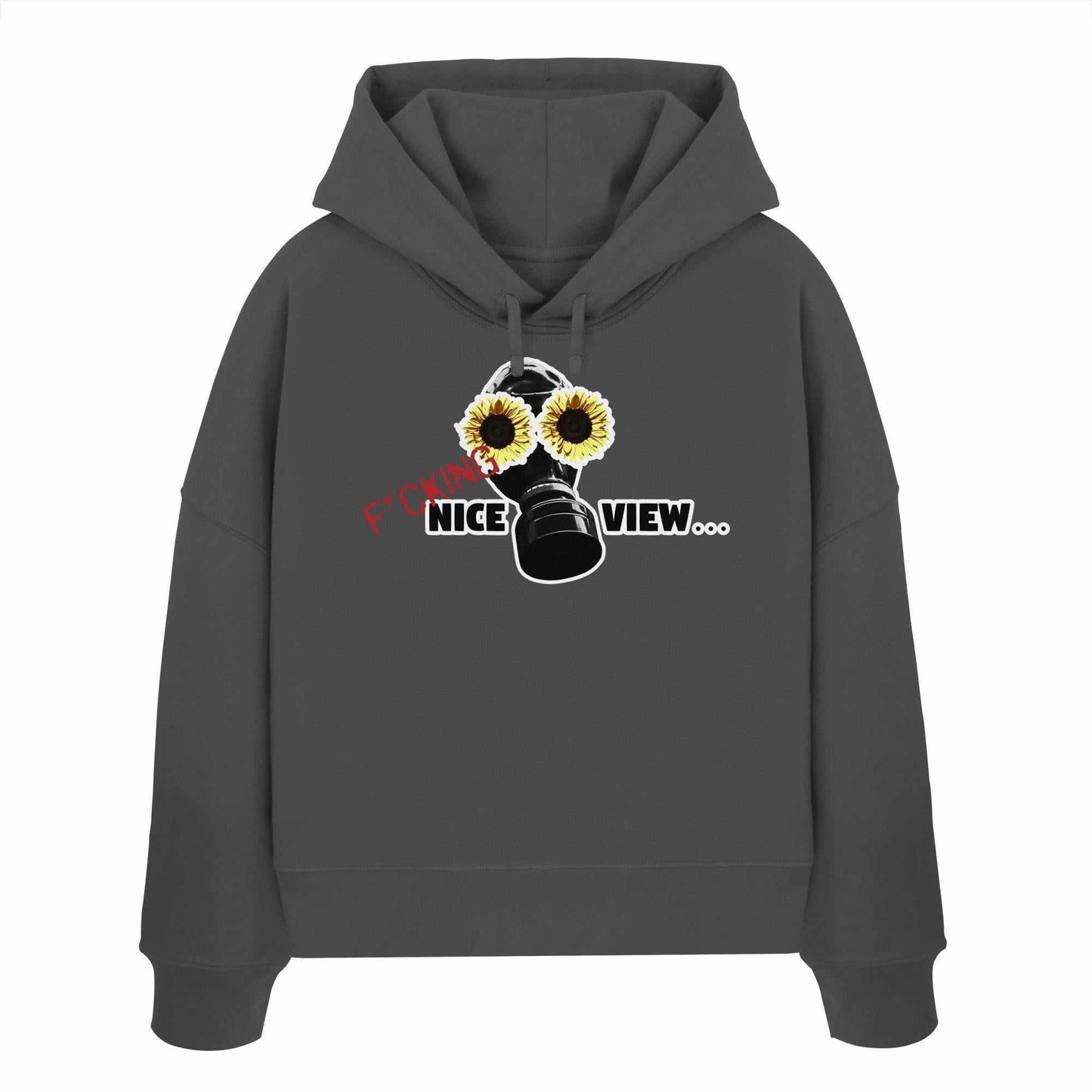 Vegan und Bio Crop Hoodie: Sunflower Mask - F*cking nice view...; grauer Hoodie mit schwarzer Gasmaske und Sonnenblumen, aus 100% Bio-Baumwolle, rebellisches Design.