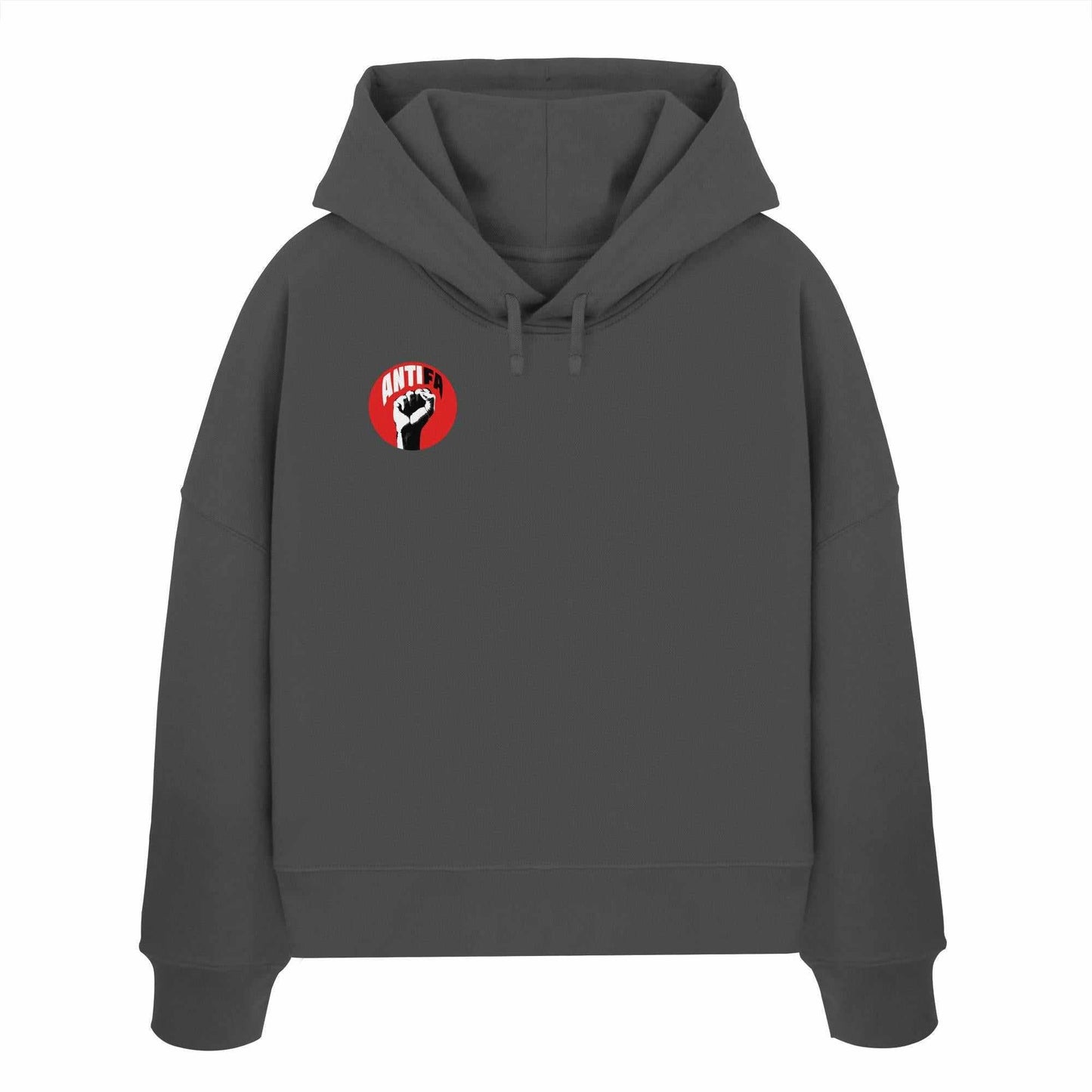 Vegan und Bio Crop Hoodie: Antifa - Gemeinsam gegen Rechts, grauer Hoodie mit rotem Faust-Design, symbolisiert Widerstand gegen Faschismus, aus 100% Bio-Baumwolle.