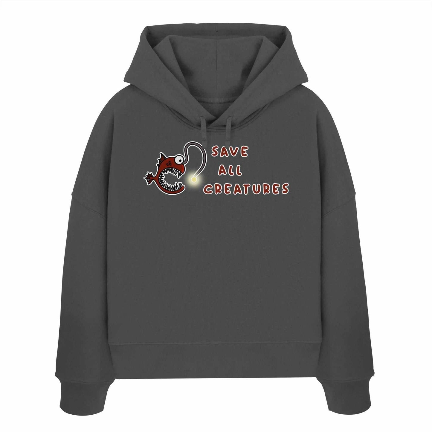Vegan und Bio Crop Hoodie: Weird Frogfish mit Cartoon-Anglerfisch-Design, symbolisiert den Schutz aller Kreaturen. Hergestellt aus 100% Bio-Baumwolle, doppellagige Kapuze.