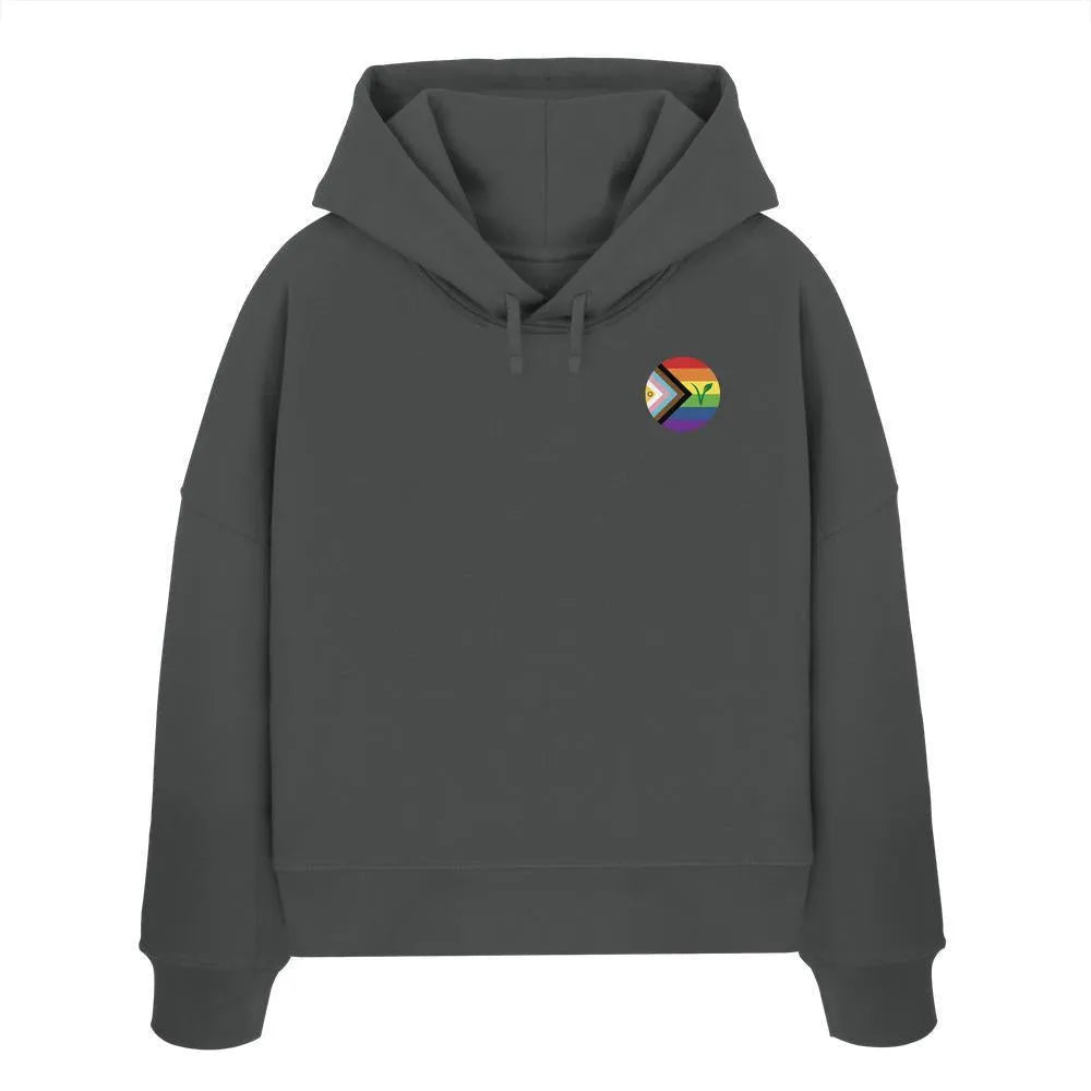 Kurzer Hoodie in Anthrazit mit Kapuze, Kordeln und kleinem Regenbogen-Abzeichen vorn