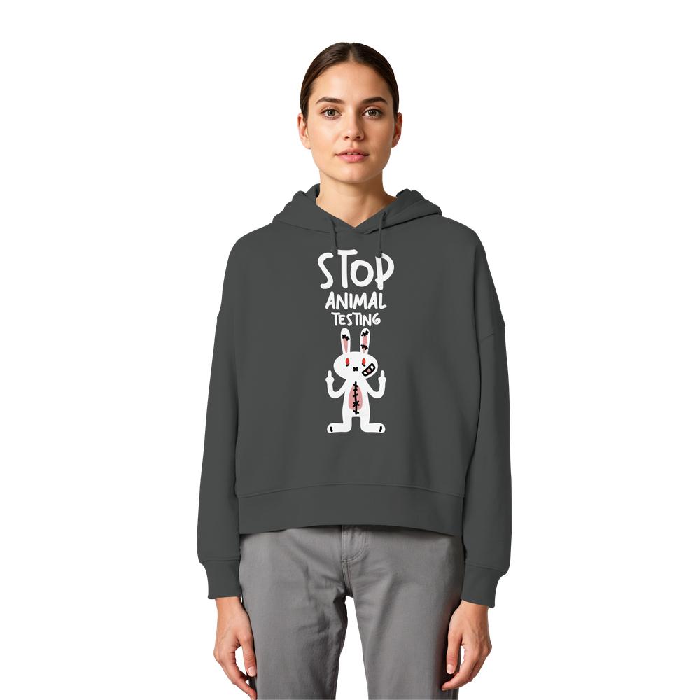 Dunkelgrauer Crop-Hoodie mit Kapuze und Kordelzug, Hasenprint „STOP ANIMAL TESTING“.