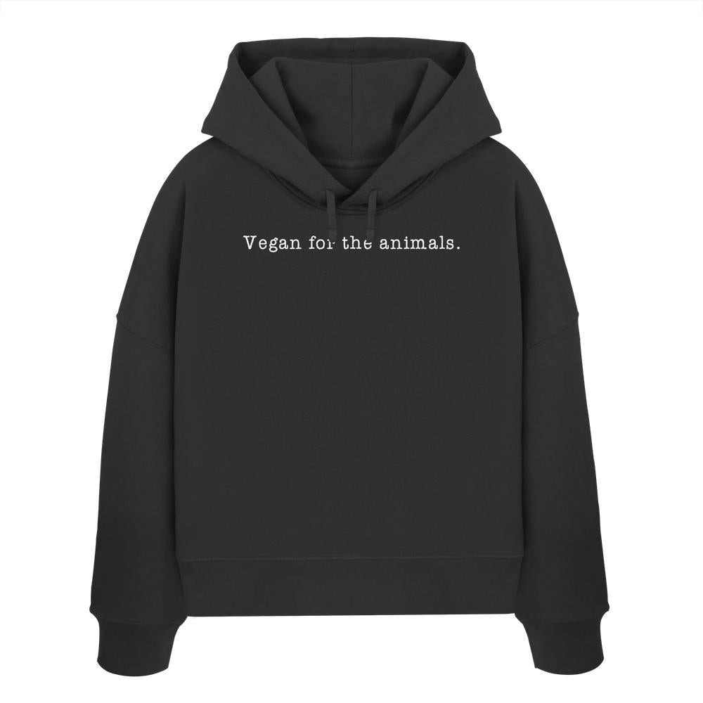 Minimalism Design - Vegan for the animals. - Damen Bio Boxcut Hoodie, schwarze Kapuze mit weißem Text, Bio-Baumwolle, normale Passform, doppellagige Kapuze, flache Kordel.