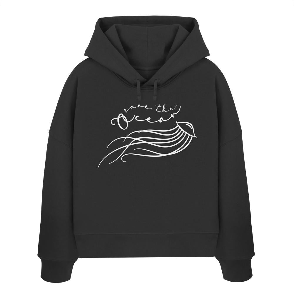 Vegan und Bio Crop Hoodie: Jellyfish - Save the Ocean, schwarzer Hoodie mit weißem Quallendesign und Statement, aus 100% Bio-Baumwolle, von RUDE REBEL.
