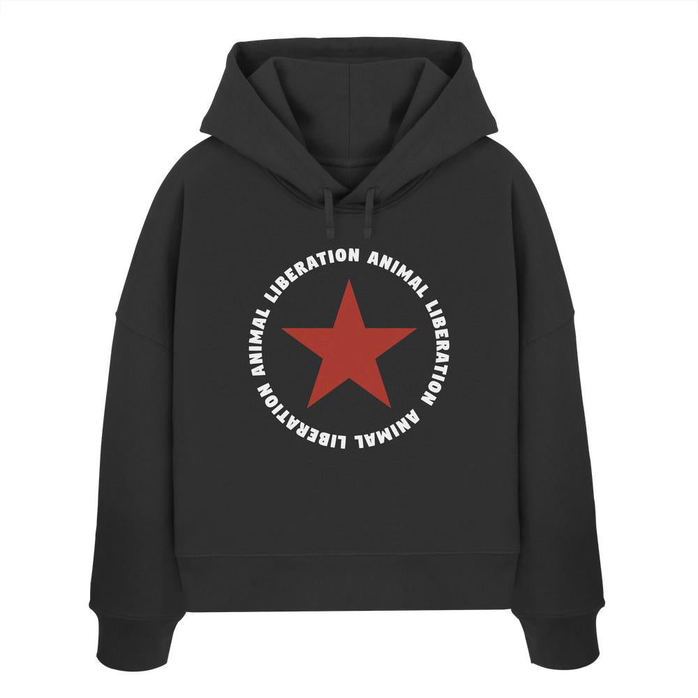 Vegan und Bio Crop Hoodie: Red Star and Animal Liberation, schwarzer Hoodie mit rotem Sternmotiv, doppellagiger Kapuze, aus 100% Bio-Baumwolle, rebellisches Design von RUDE REBEL.
