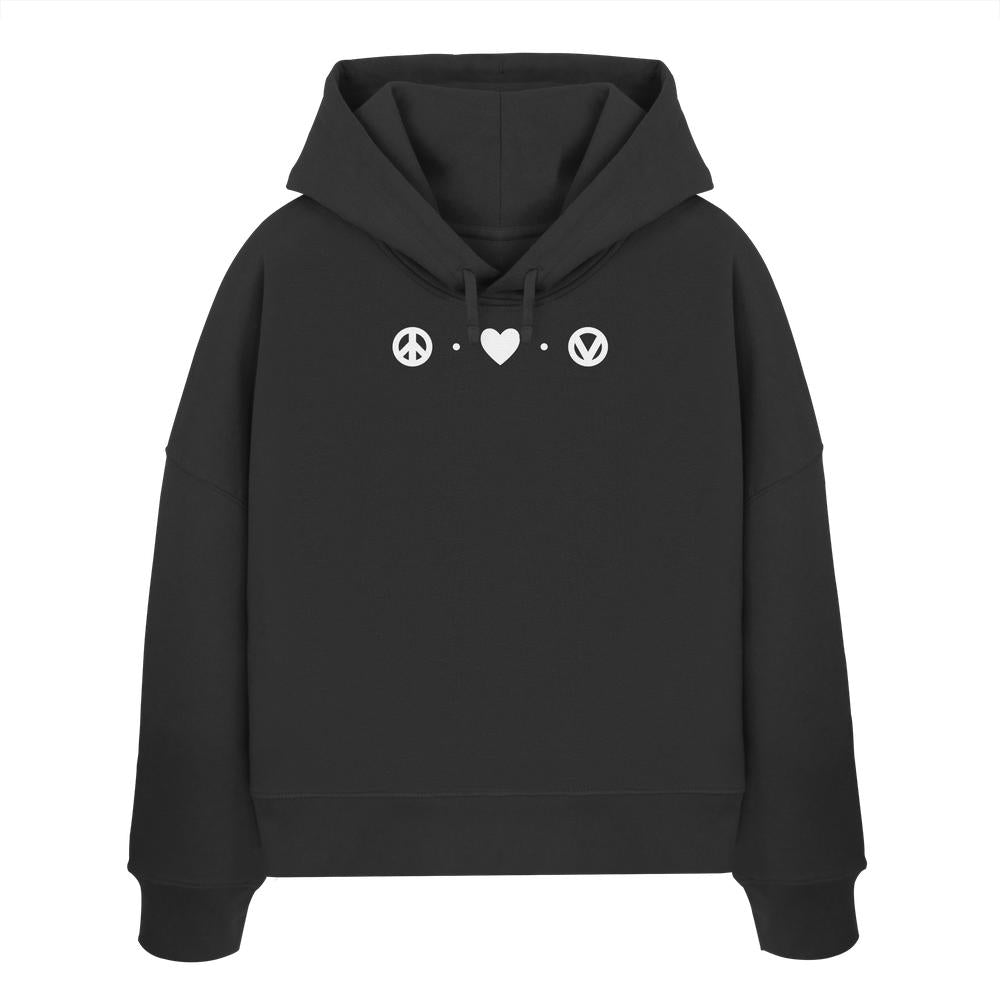 Vegan und Bio Crop Hoodie Peace - Love - Veganism mit weißen Friedens- und Herzsymbolen, doppellagiger Kapuze und Regular Fit aus 100% Bio-Baumwolle.