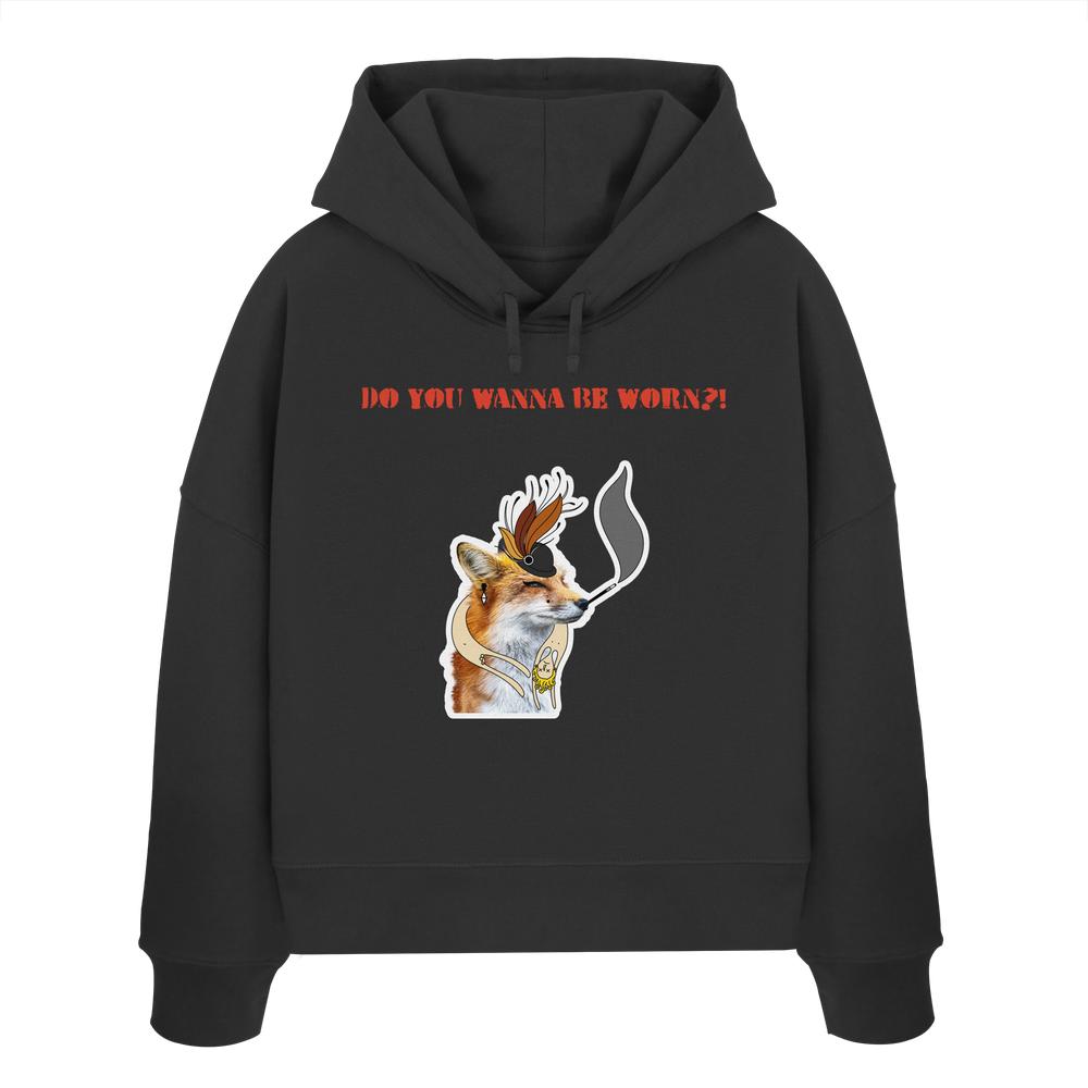 Vegan und Bio Hoodie mit Mrs. Fox, die gegen Pelz protestiert. Design mit Fuchs, Hut und Zigarette, aus 100% Bio-Baumwolle.