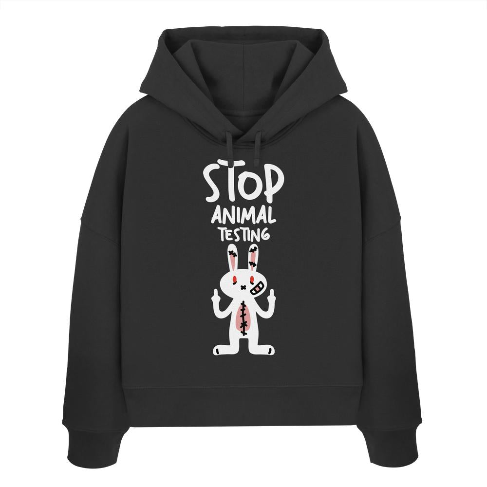 Dunkler Crop-Hoodie mit Kapuze und Kordelzug, Hasenmotiv „STOP ANIMAL TESTING“.