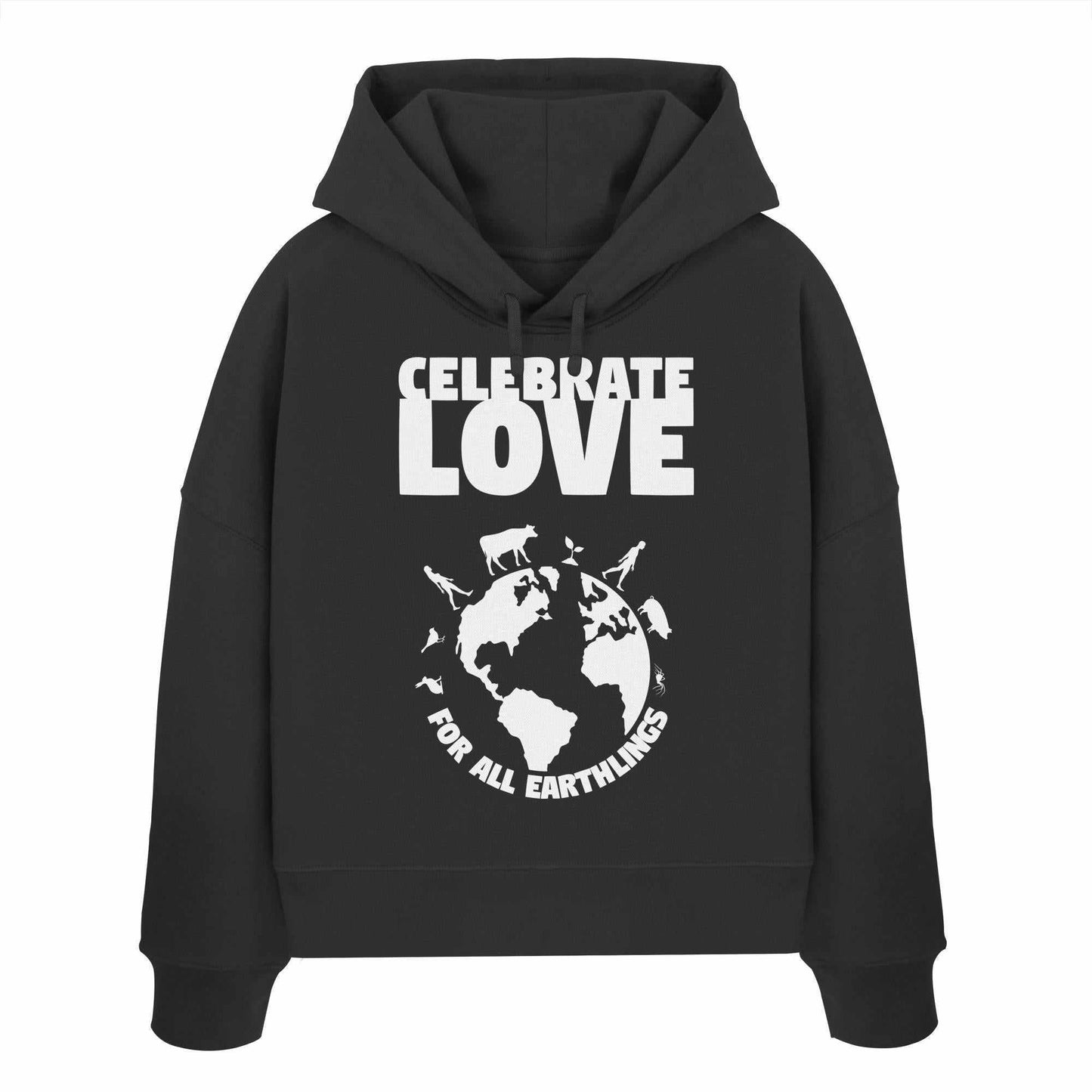 Vegan und Bio Crop Hoodie mit weißem Text und Tiersilhouetten, feiert Liebe für alle Erdlinge. Hergestellt aus 100% Bio-Baumwolle, reguläre Passform.