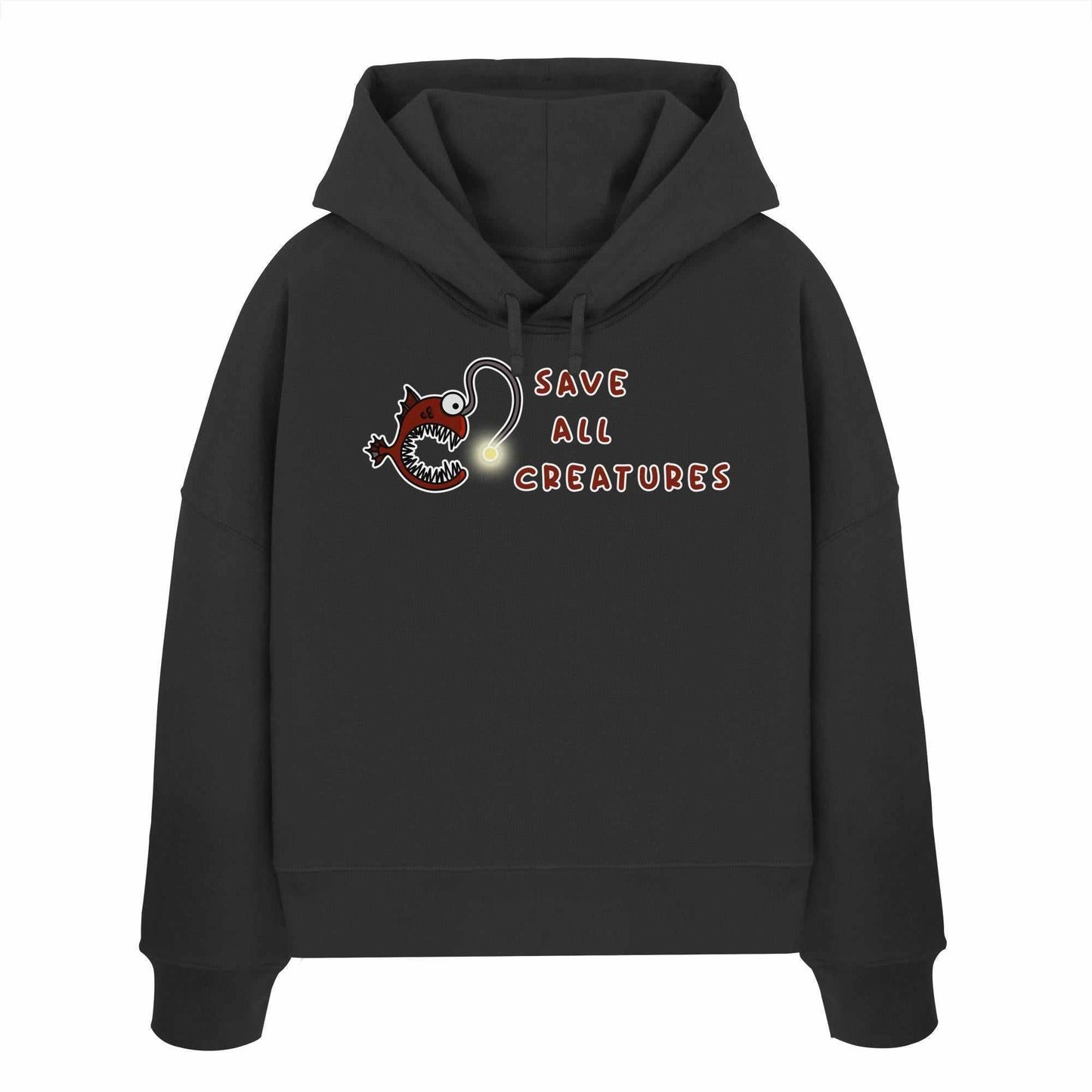 Vegan und Bio Crop Hoodie: Weird Frogfish, schwarzer Hoodie mit Cartoon-Anglerfisch, symbolisiert Tierschutz. Hergestellt aus 100% Bio-Baumwolle, regular fit mit doppellagiger Kapuze.