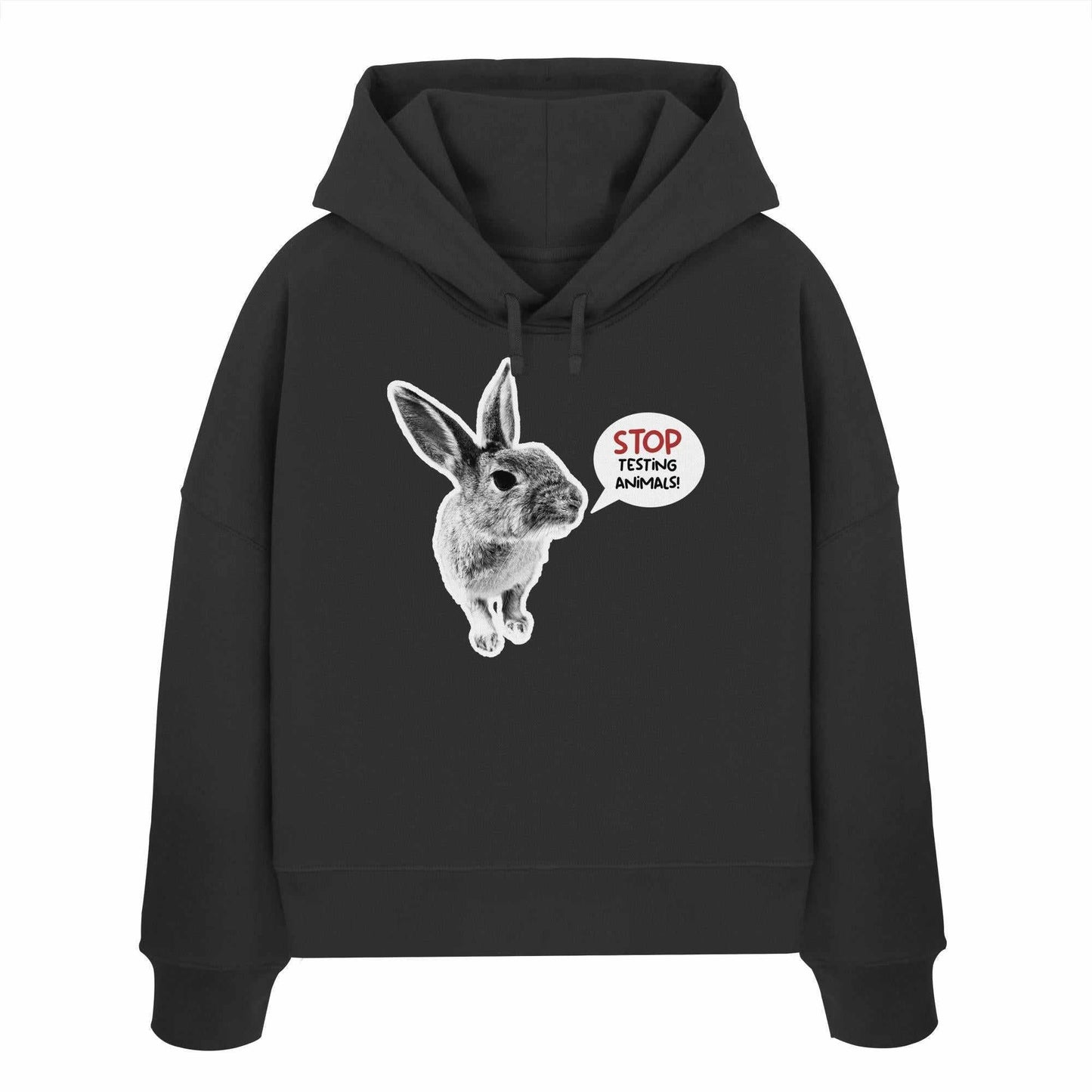 Vegan und Bio Crop Hoodie: Cute Rabbit, schwarzer Kapuzenpullover mit einem Häschenmotiv und der Botschaft STOP ANIMAL TESTING!, aus 100% Bio-Baumwolle.
