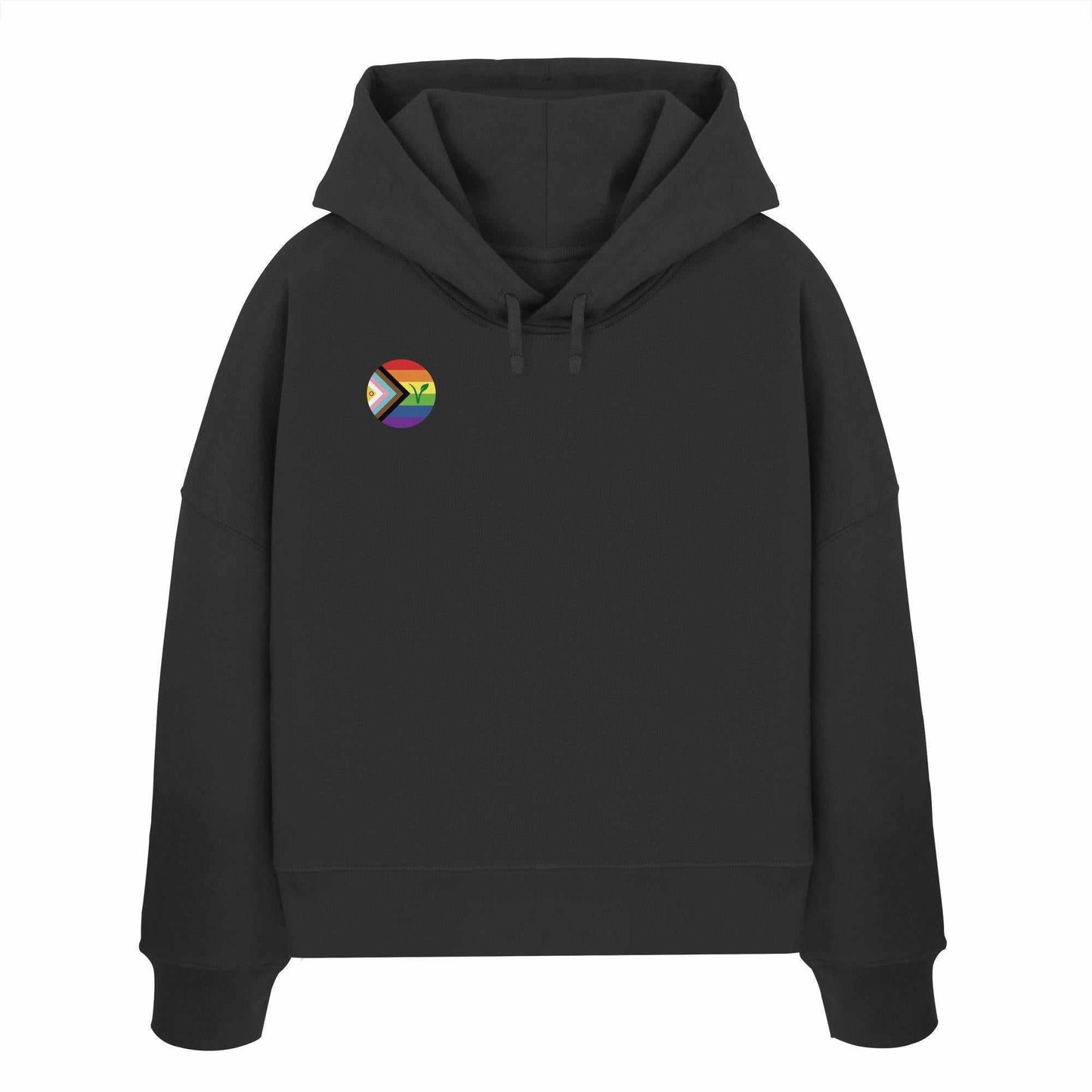 Schwarzes Bio-Crop-Hoodie mit Regenbogen-Logo und grünem Blatt, repräsentiert LGBTQIA+ und Veganismus. Designt von RUDE REBEL, betont nachhaltige, vegane Mode.