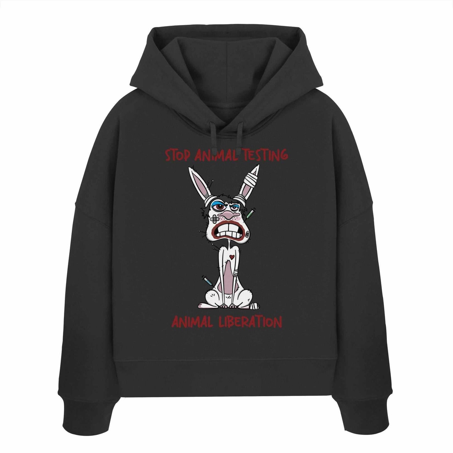 Vegan und Bio Crop Hoodie: Cartoon-Hase mit Spritze, betont Tierschutz und Anti-Tierversuche, aus 100% Bio-Baumwolle, rebellisches Design von RUDE REBEL.