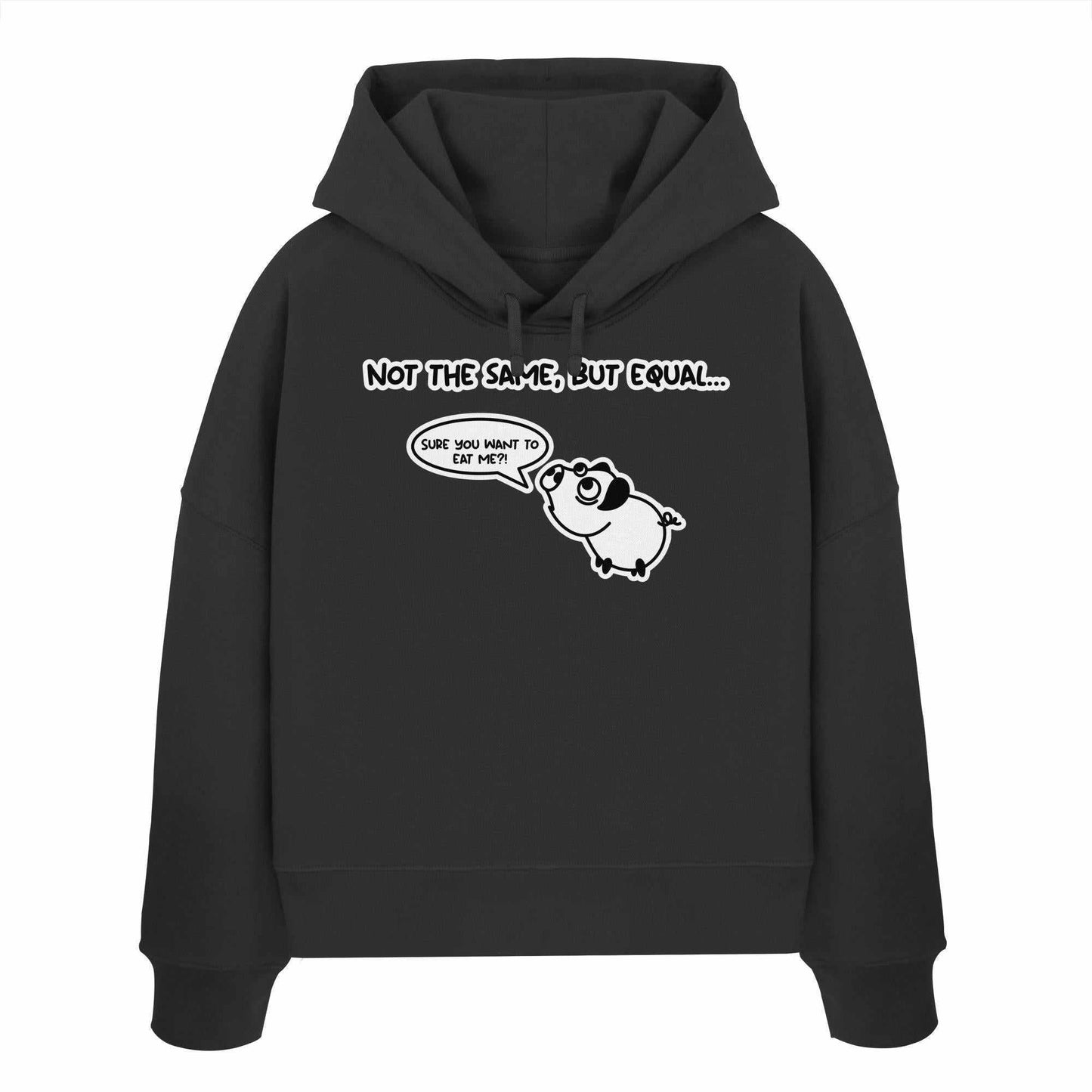 Vegan und Bio Crop Hoodie mit Cartoon-Schwein, das Hundelaute übt, aus 100% Bio-Baumwolle, normale Passform, doppellagige Kapuze, rebellisches Design.
