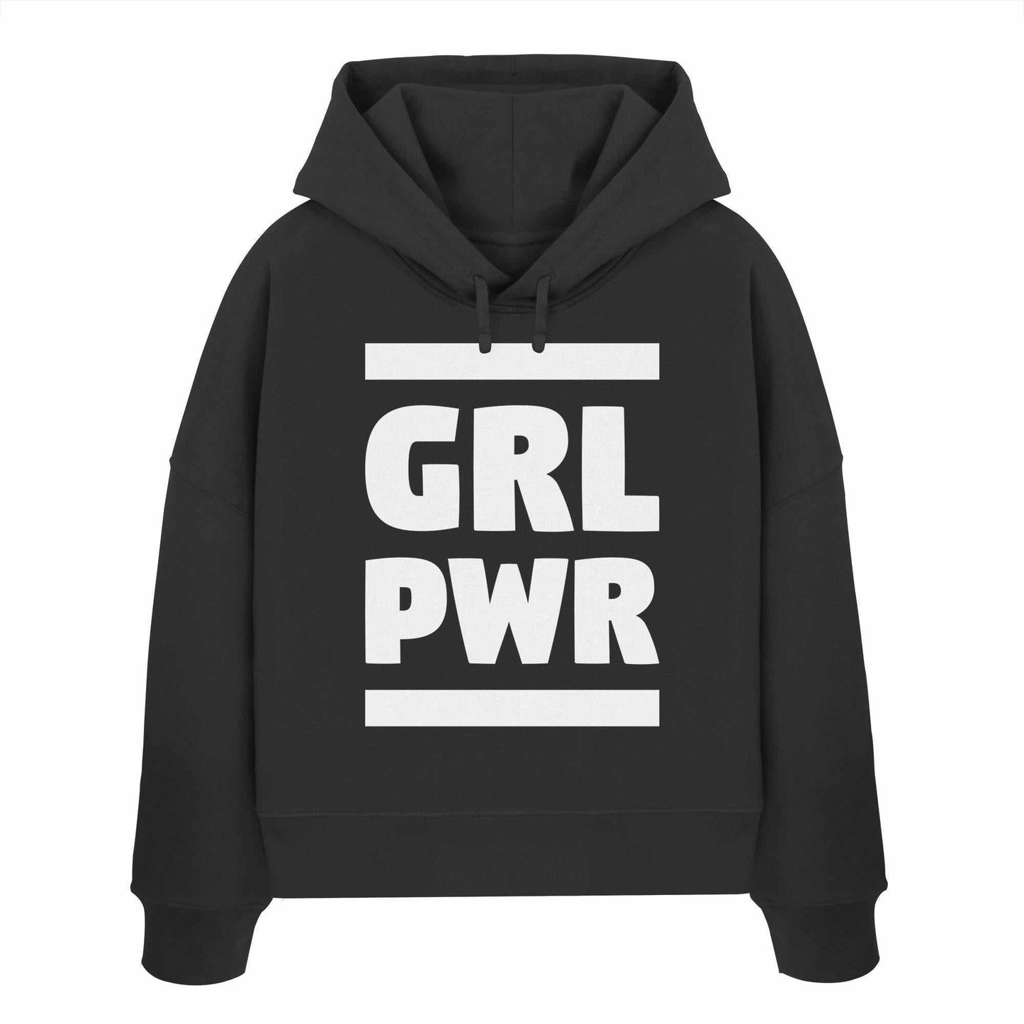 Vegan und Bio Crop Hoodie: GIRL POWER mit feministischer Message, schwarzer Hoodie mit weißem Text, doppellagiger Kapuze und flacher Kordel aus 100% Bio-Baumwolle.