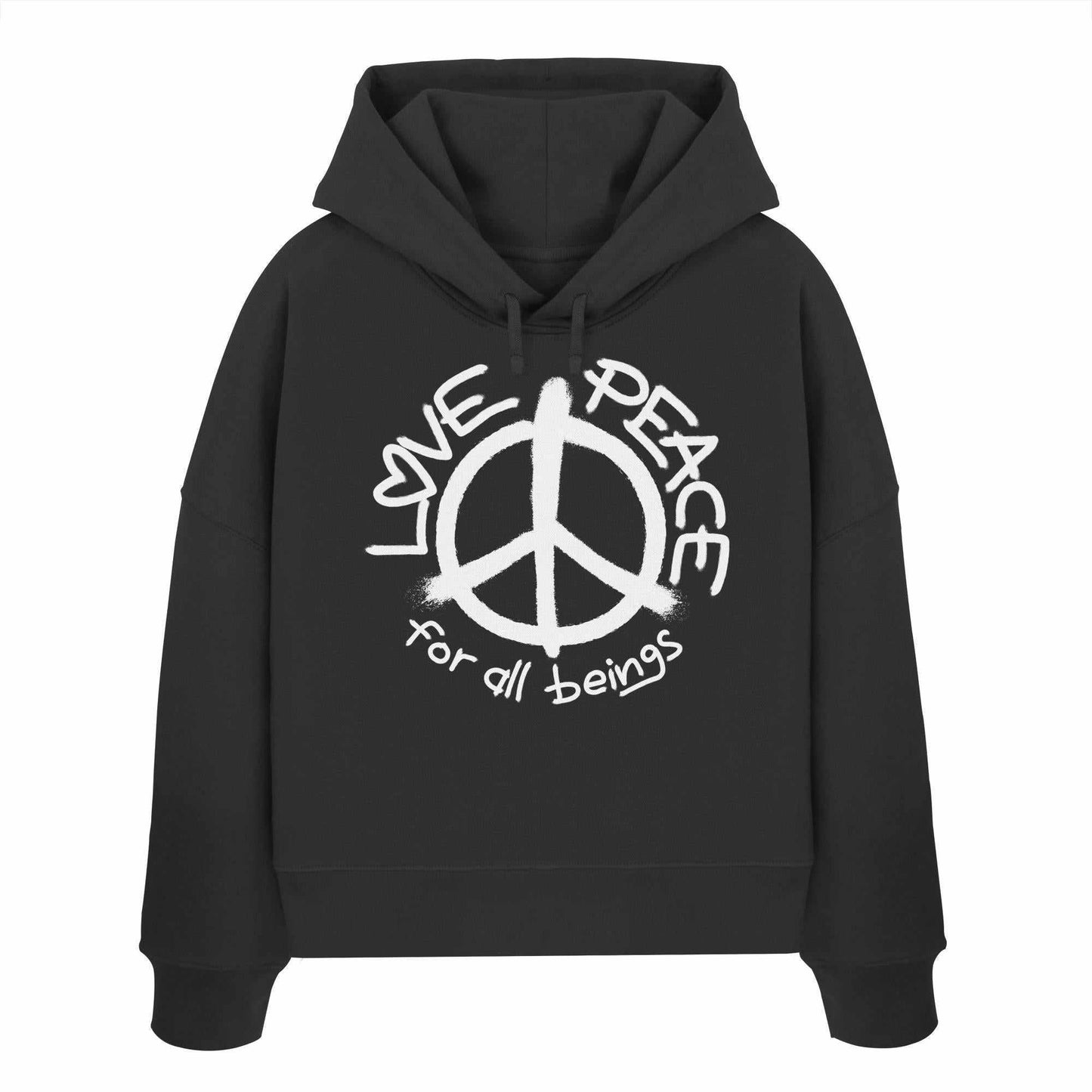 Vegan und Bio Crop Hoodie mit Friedenssymbol, aus 100% Bio-Baumwolle, Regular Fit, doppellagiger Kapuze. Perfekt für nachhaltige, rebellische Mode von RUDE REBEL.