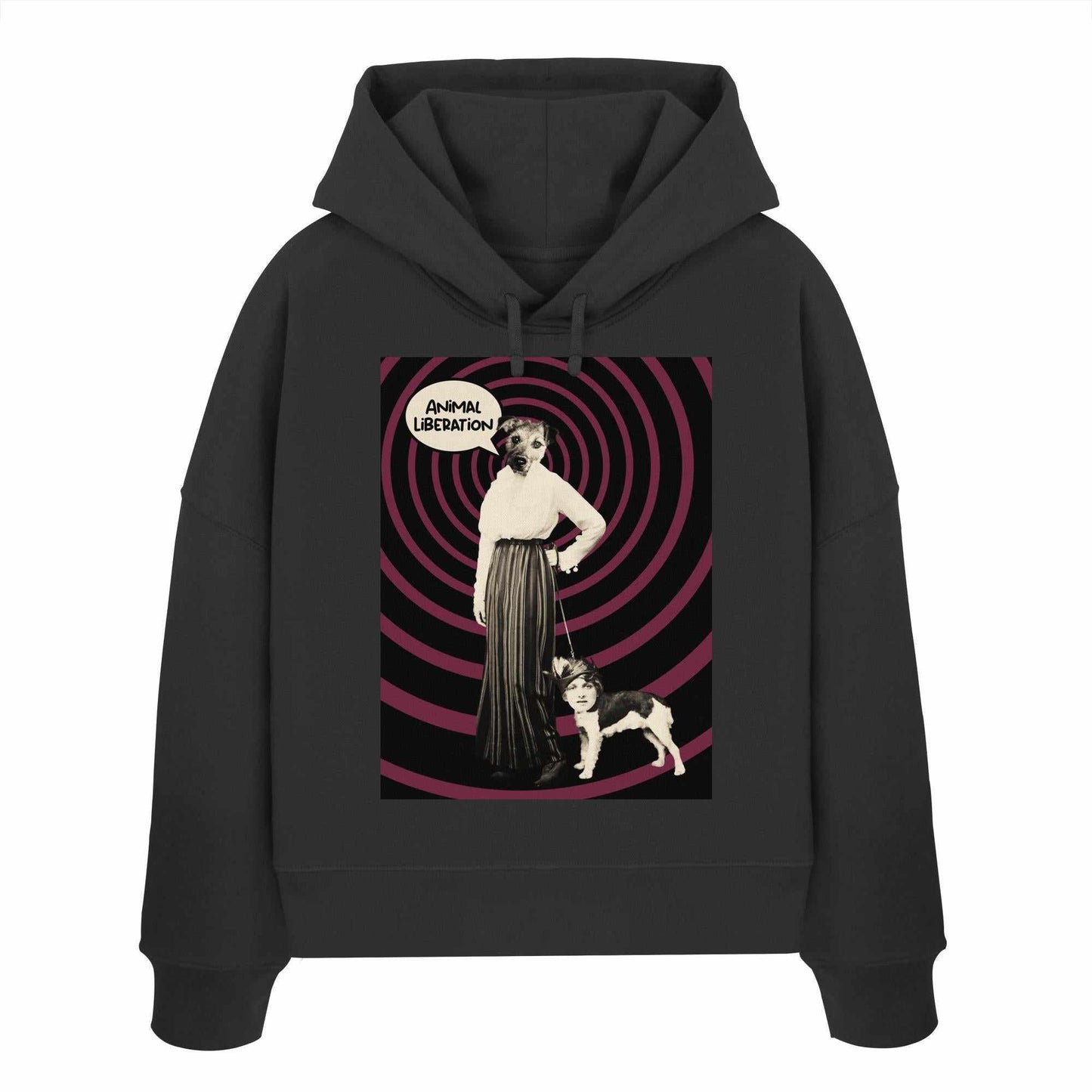 Vegan und Bio Crop Hoodie: Upside Down - Animal Liberation mit Druck einer Frau und einem Hund, aus 100% Bio-Baumwolle, regular Fit, abfallende Schultern.