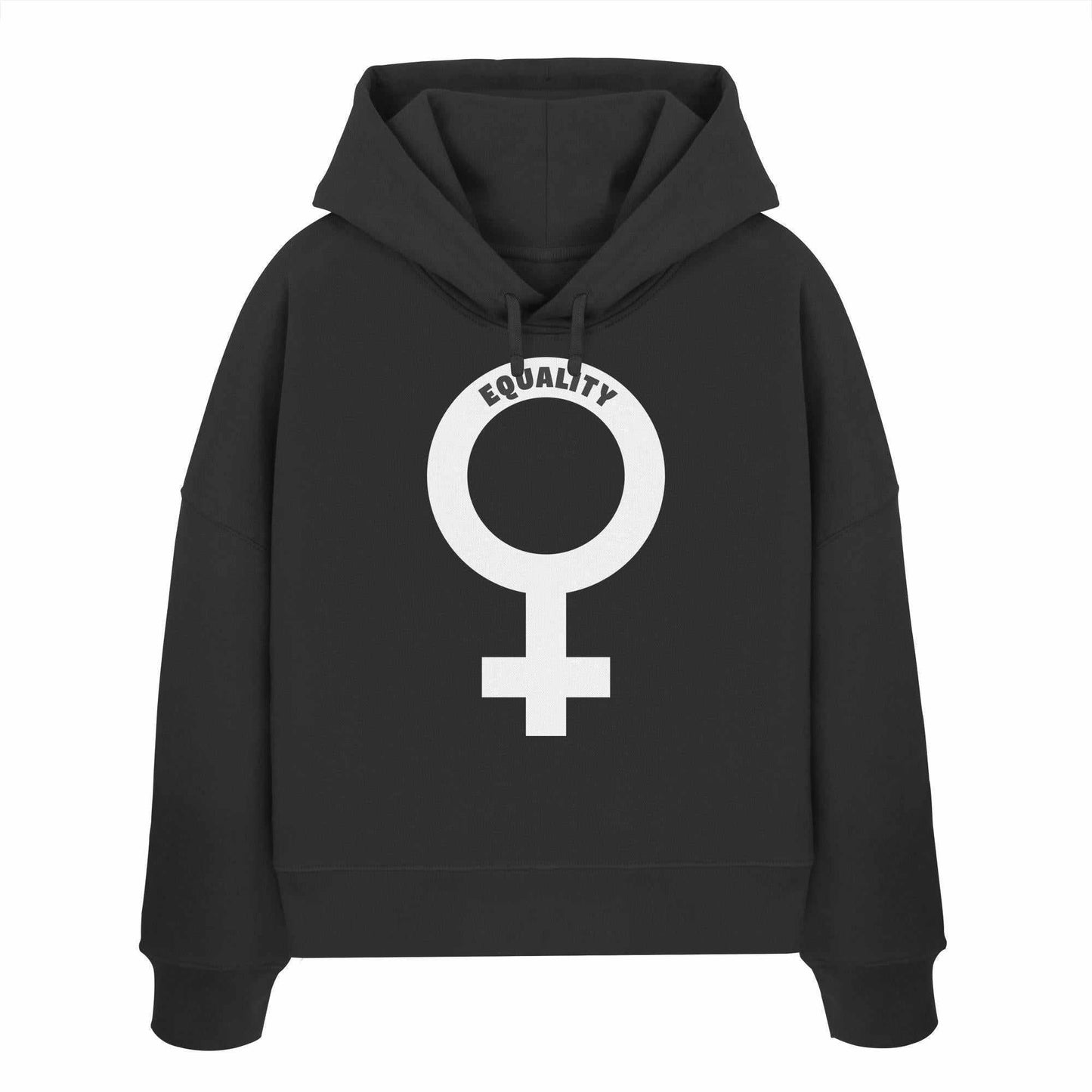 Vegan und Bio Crop Hoodie mit Venussymbol, schwarzer Sweatshirt mit doppellagiger Kapuze, aus 100% Bio-Baumwolle, von RUDE REBEL.