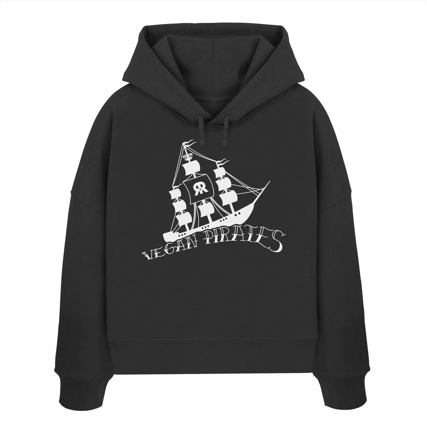Vegan und Bio Crop Hoodie: Vegan Pirates, schwarzer Hoodie mit Piratenschiff-Design aus 100% Bio-Baumwolle, reguläre Passform, doppellagige Kapuze, flache Kordel.