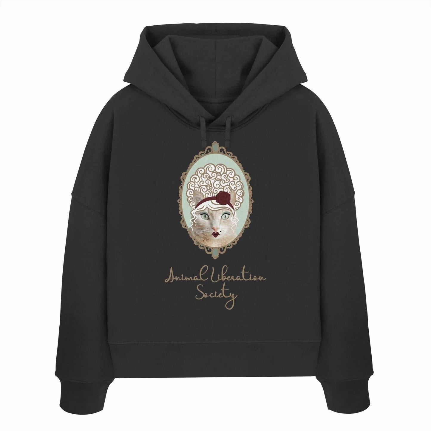 Vegan und Bio Crop Hoodie: Miss Cat - Animal Liberation Society mit Katzenmotiv und roter Rose, inspiriert von Tierrechtsgedanken, aus 100% Bio-Baumwolle.
