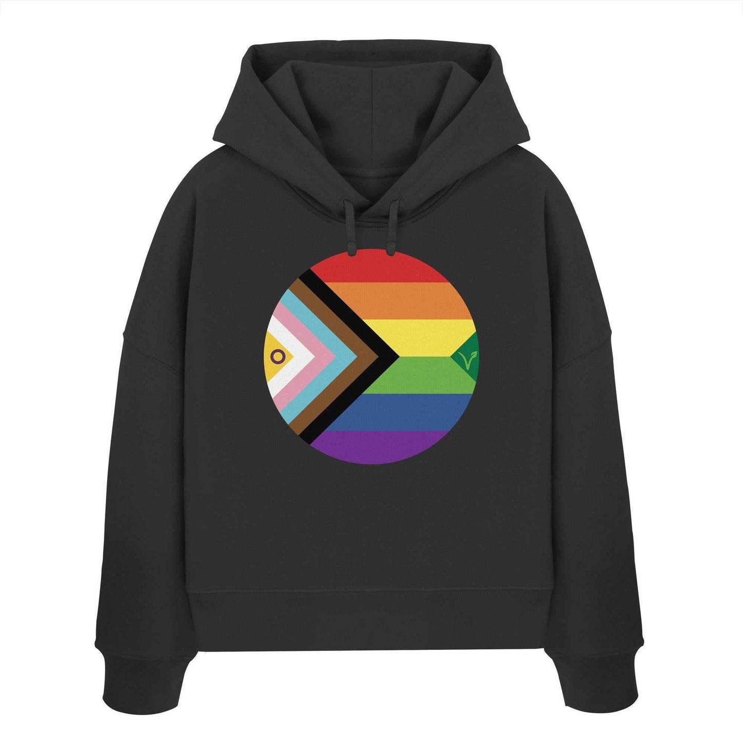 Vegan und Bio Crop Hoodie mit Regenbogenkreis-Design, symbolisiert LGBTQAI+ und Veganismus. Hergestellt aus 100% Bio-Baumwolle, reguläre Passform, doppellagige Kapuze.