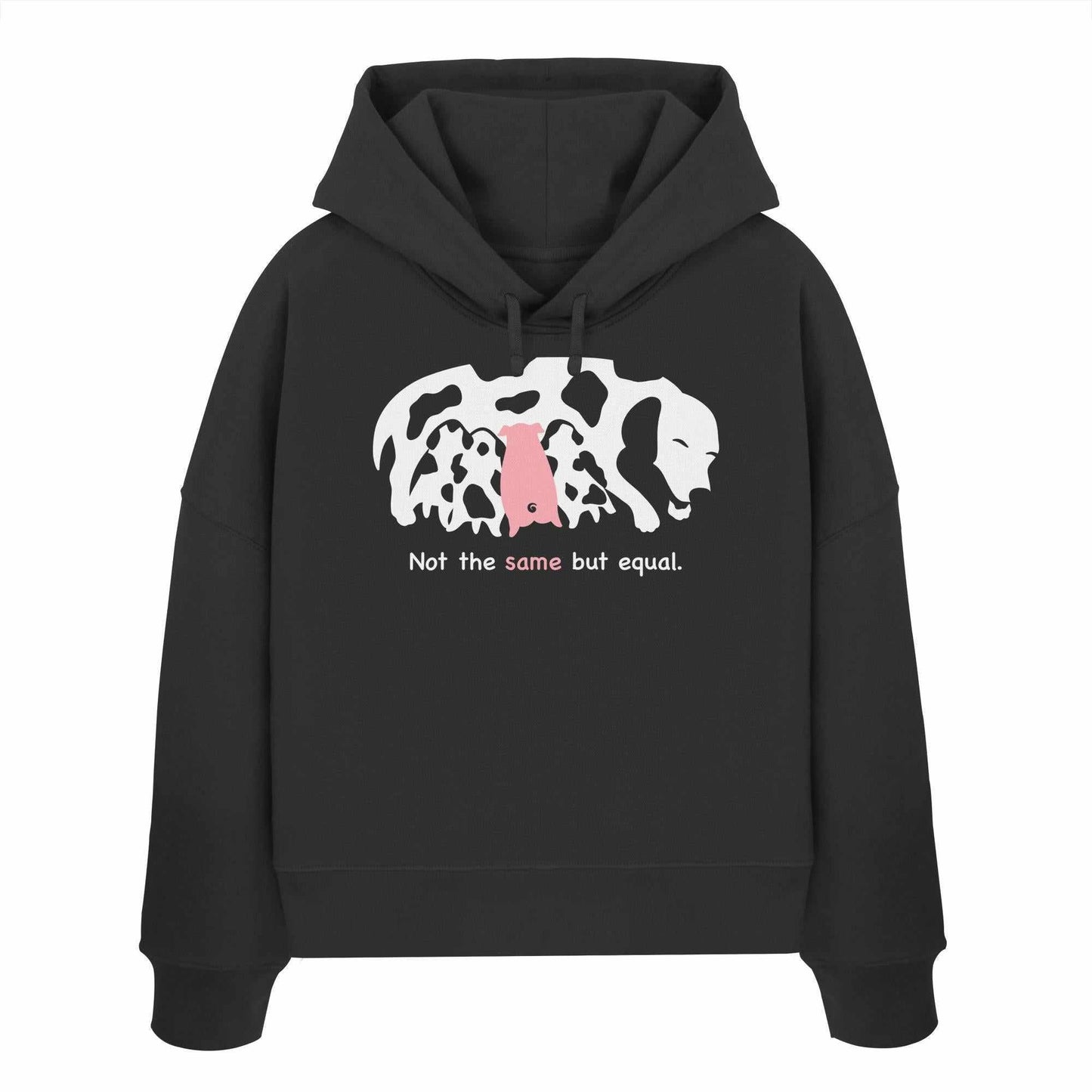 Vegan und Bio Crop Hoodie: Animal equality, schwarzes Sweatshirt mit Hund und Ferkel-Design, doppellagige Kapuze, 100% Bio-Baumwolle, abfallende Schultern, reguläre Passform.